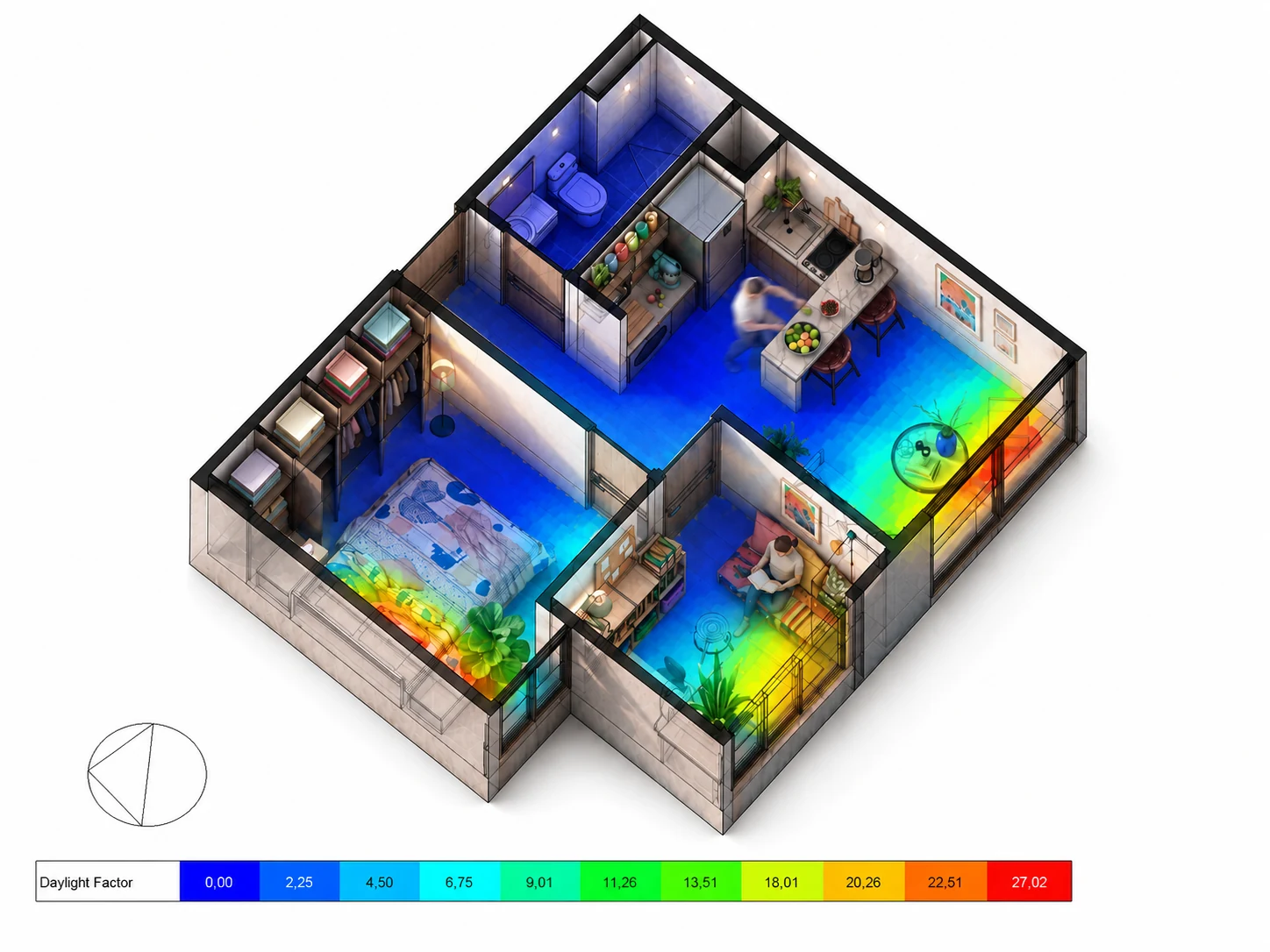 Daylight factor in a typical apartment. Decisions about openings, orientation and solar shading are verified by simulation — which is what later supports the measures before UPME and the certification bodies.