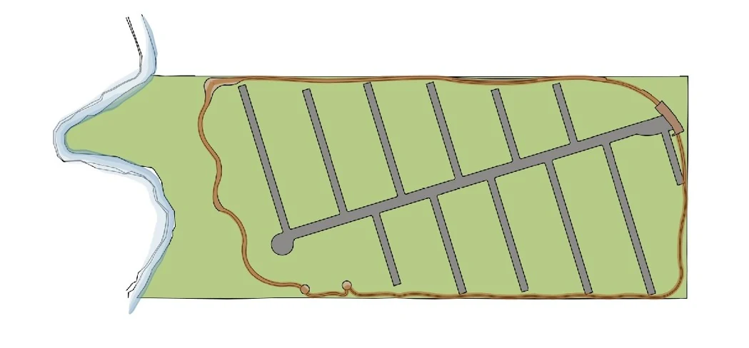 Pedestrian and cycle routes are resolved as one continuous, uninterrupted circuit that embraces the development along its perimeter.