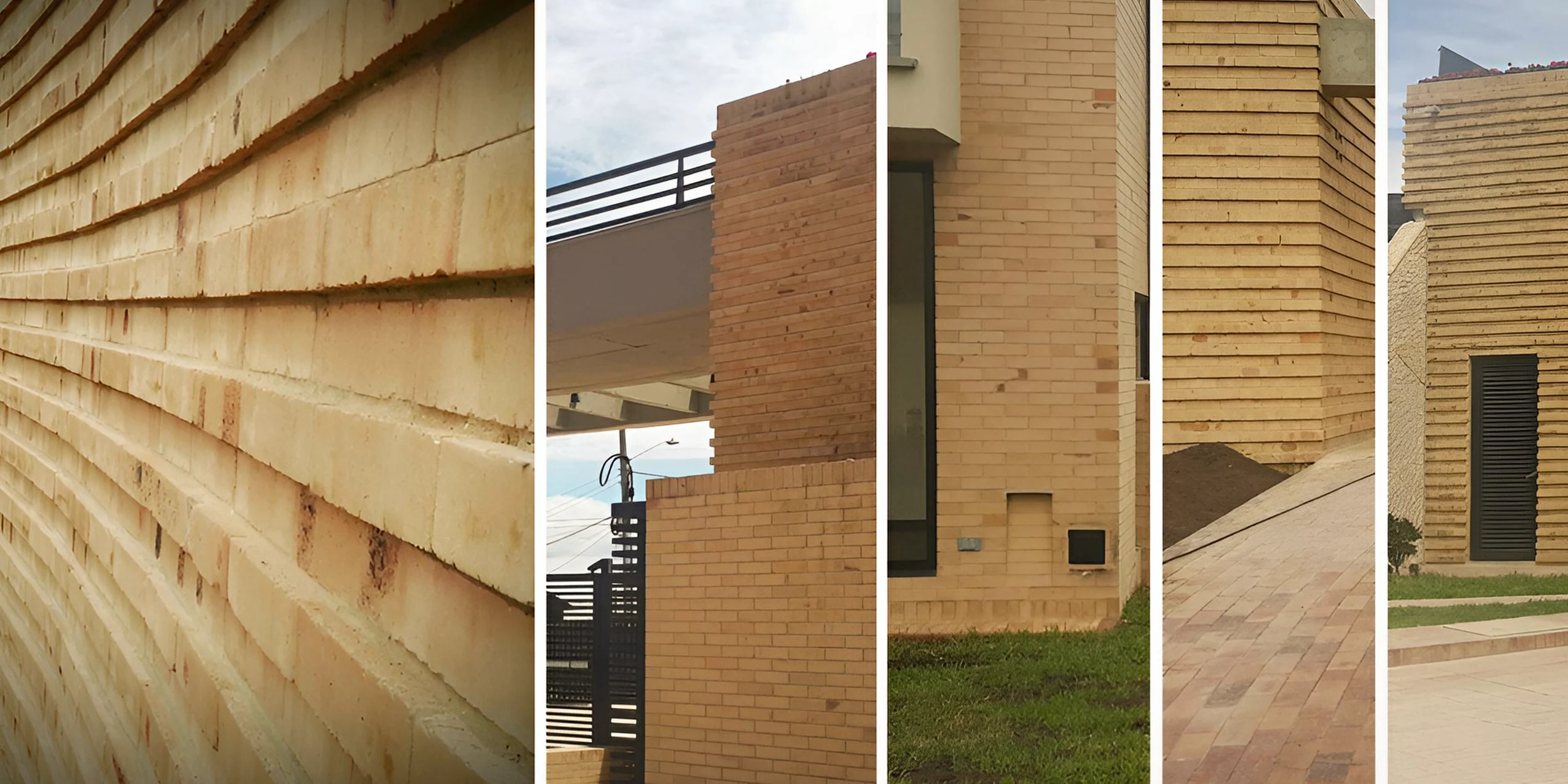 The exposed brick, laid in offset courses that give the facade relief and shadow.