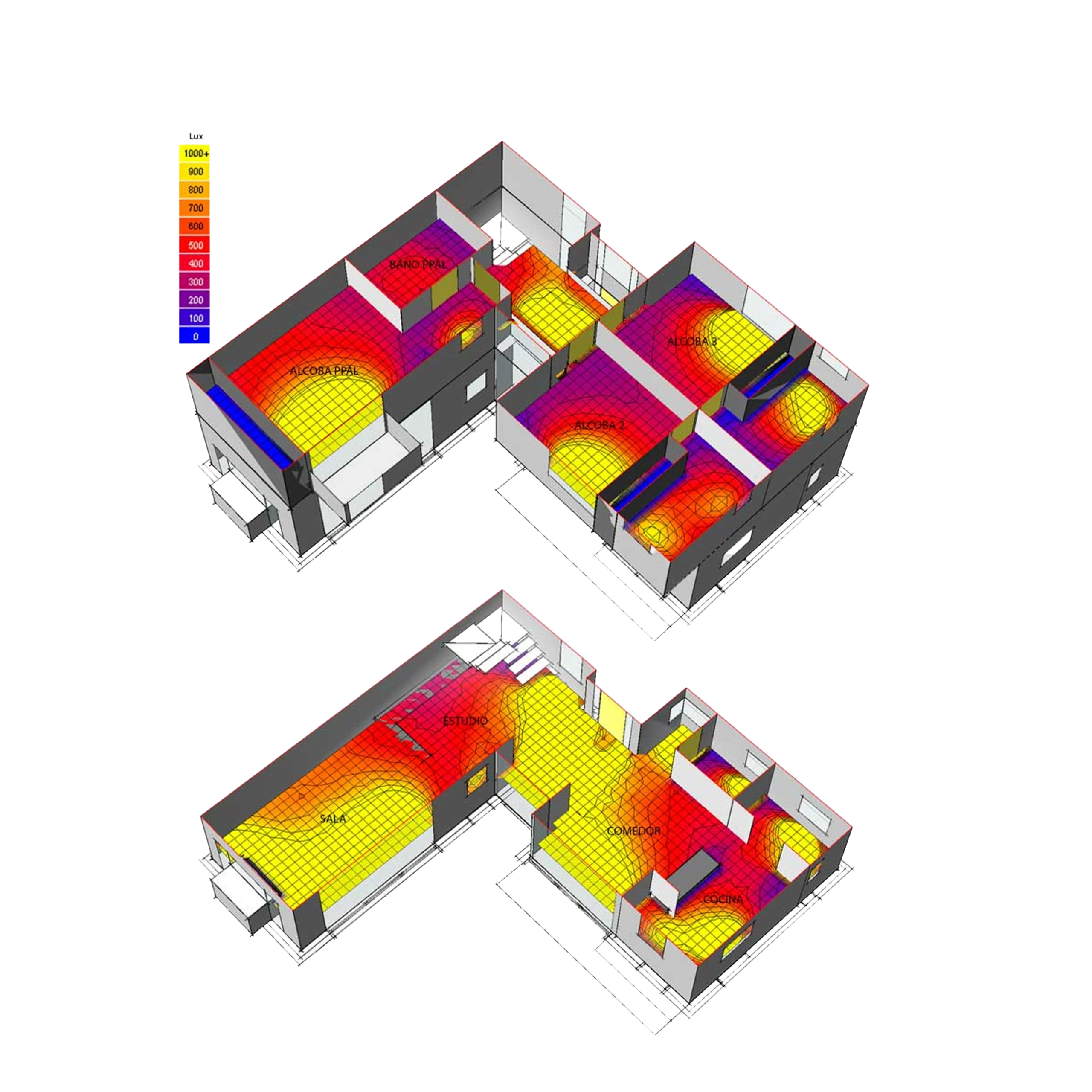 Natural light levels floor by floor, measured at 70 cm height under an overcast sky and compared against the recommended minimums for each room.