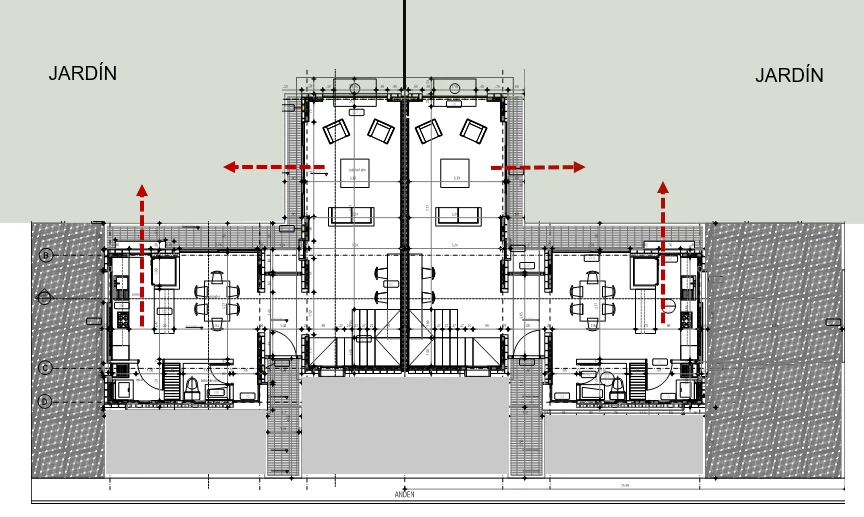 Ground floor of a pair of houses: living room, dining room and kitchen each open onto their own garden, back to back with the neighbor.