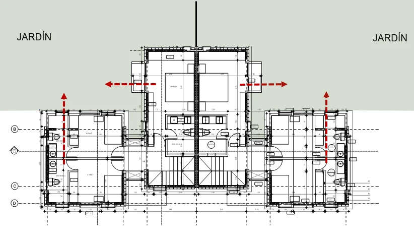 Second floor: the bedrooms repeat the L-shaped turn and look onto the garden, not onto the house next door.