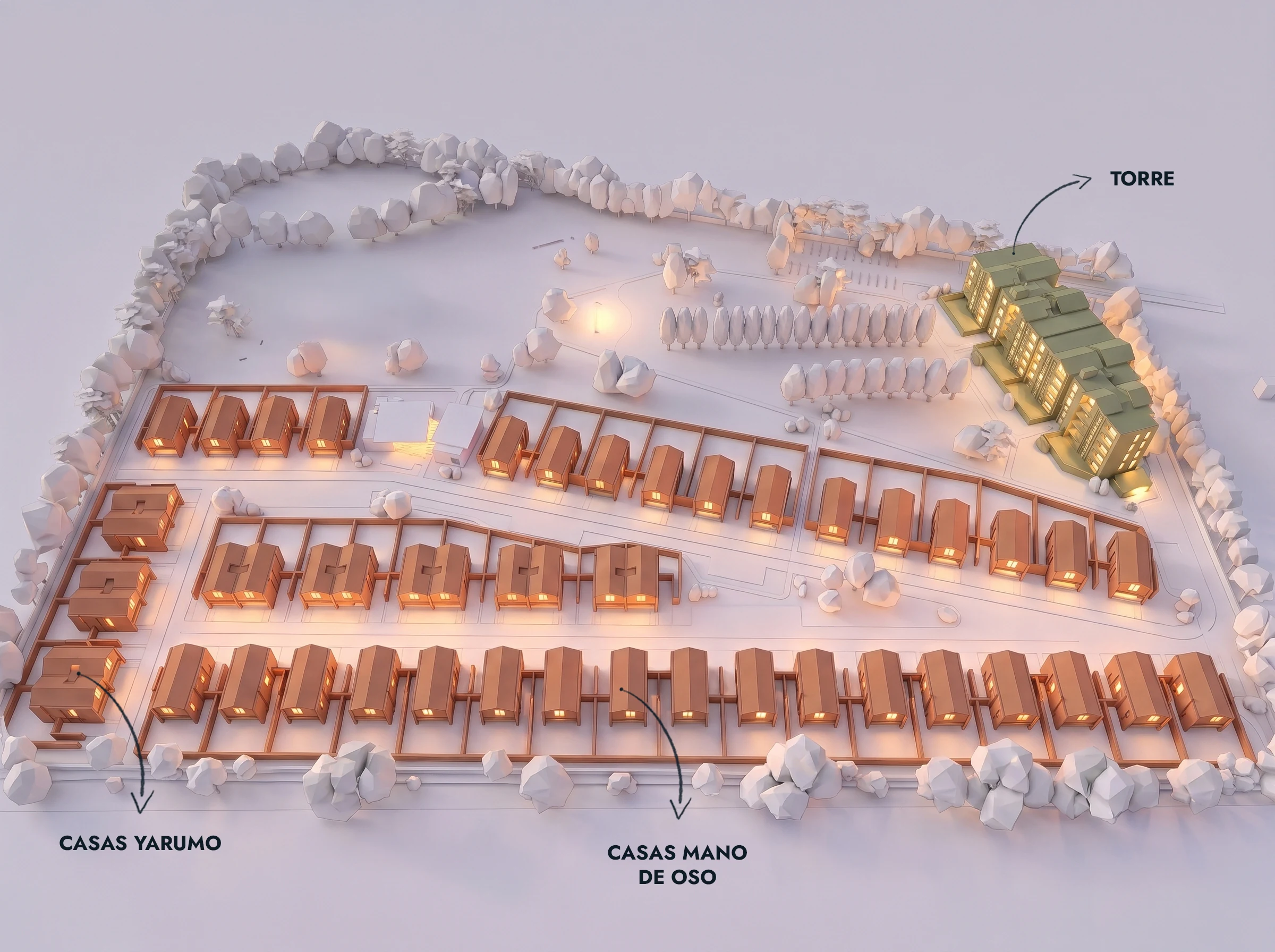 Yarumo houses, Mano de Oso houses, community building and tower: the pieces of the ensemble, each with its own way of looking at the forest.