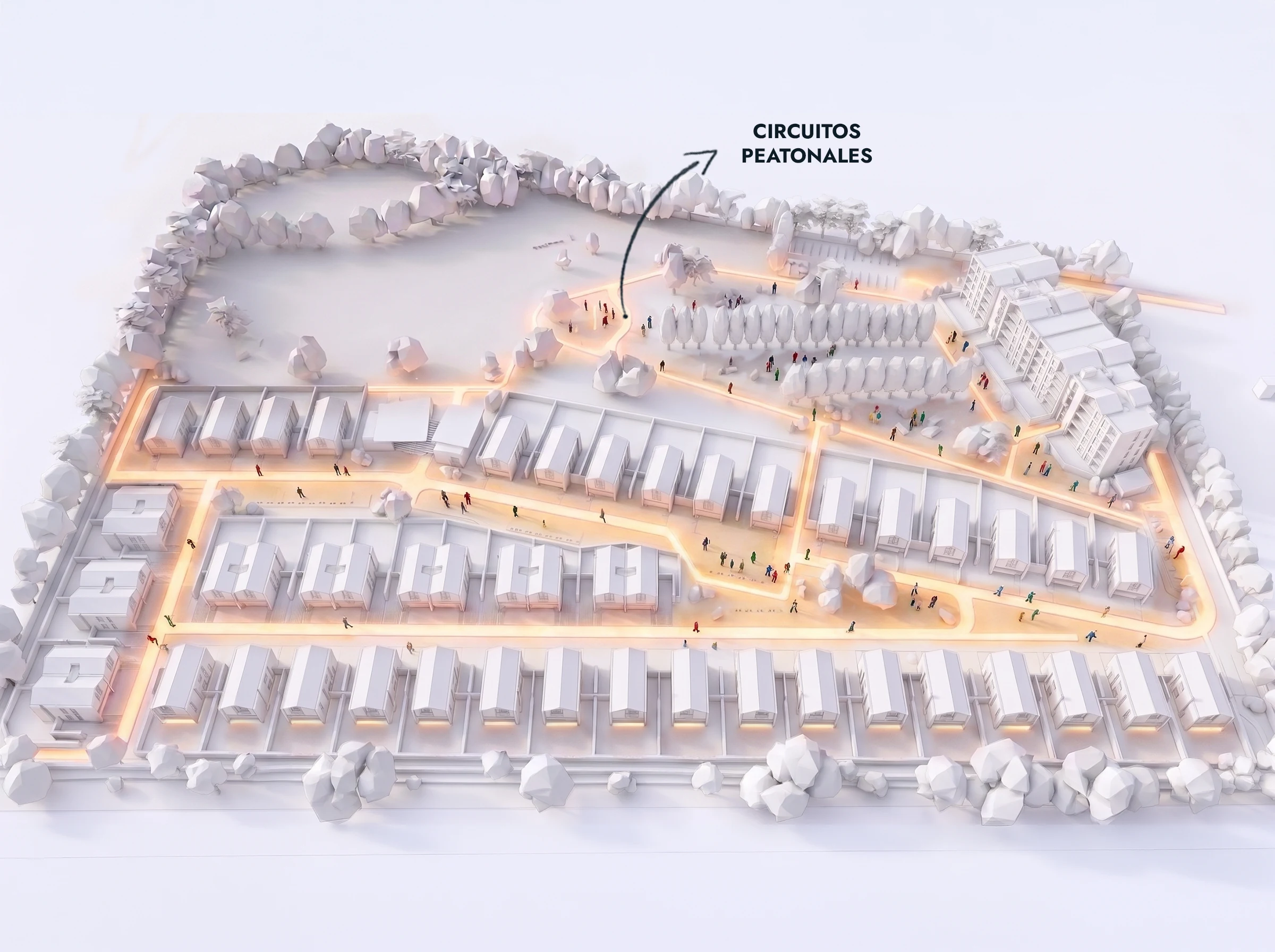 A continuous network of paths ties together the houses, the community building, the tower and the preserved green spaces.