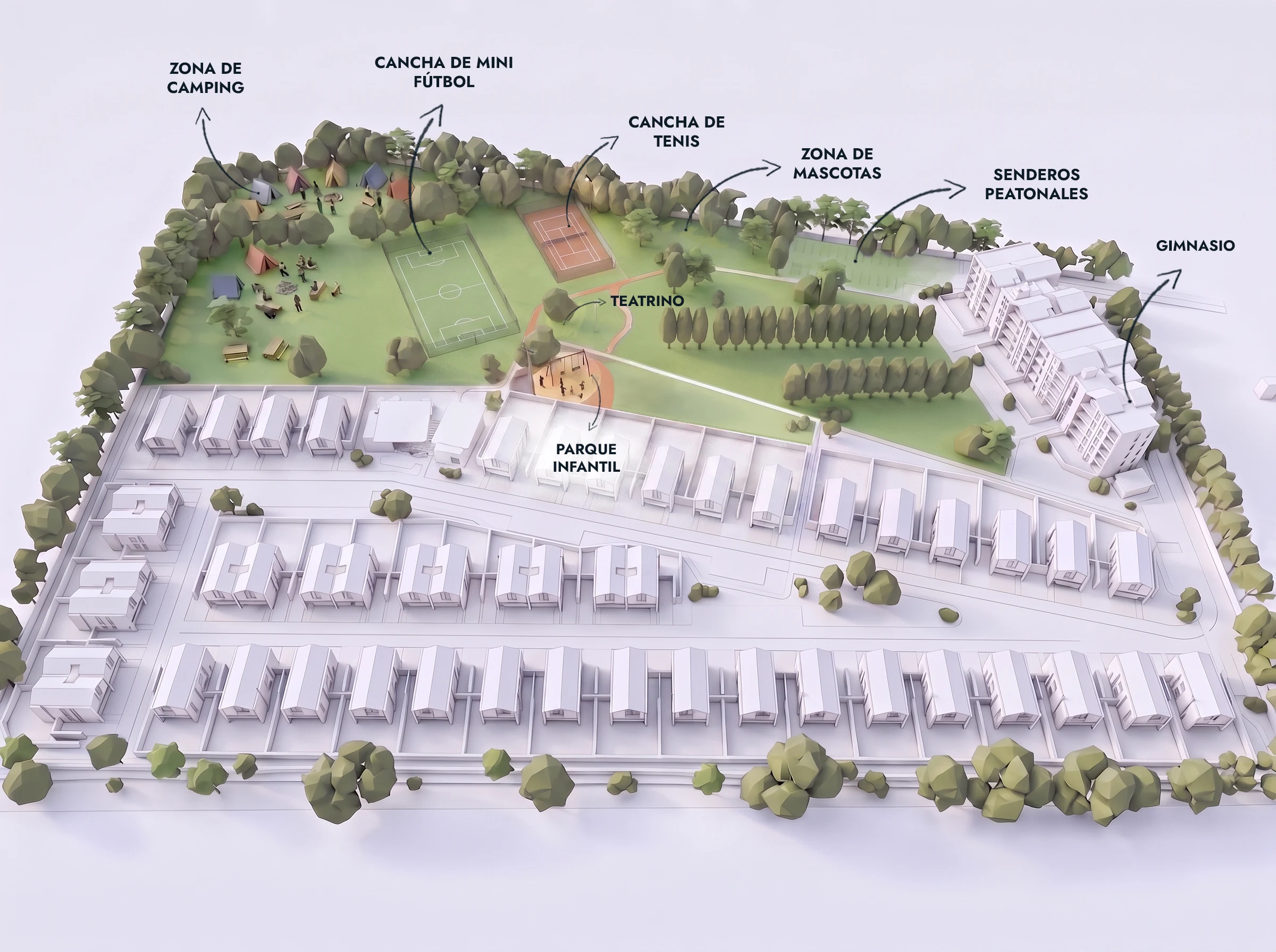 Camping area, sports courts, pet area, walking trails, open-air theatre, children's playground and gym: spaces of different scales within the green structure.