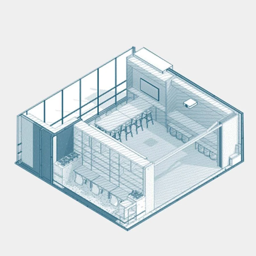 Axonometric of the multipurpose area: a long counter with high stools against the glass façade, a screen at the far end and low furniture around the perimeter, so the centre stays clear and the room can be rearranged for each meeting.