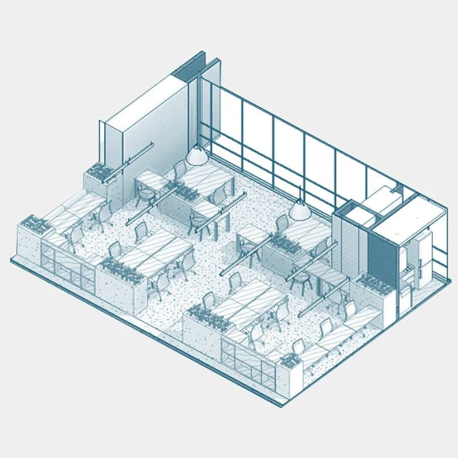 The open work area: desks grouped into islands with concrete planters as edges, so that nobody sits with their back to the glass façade.