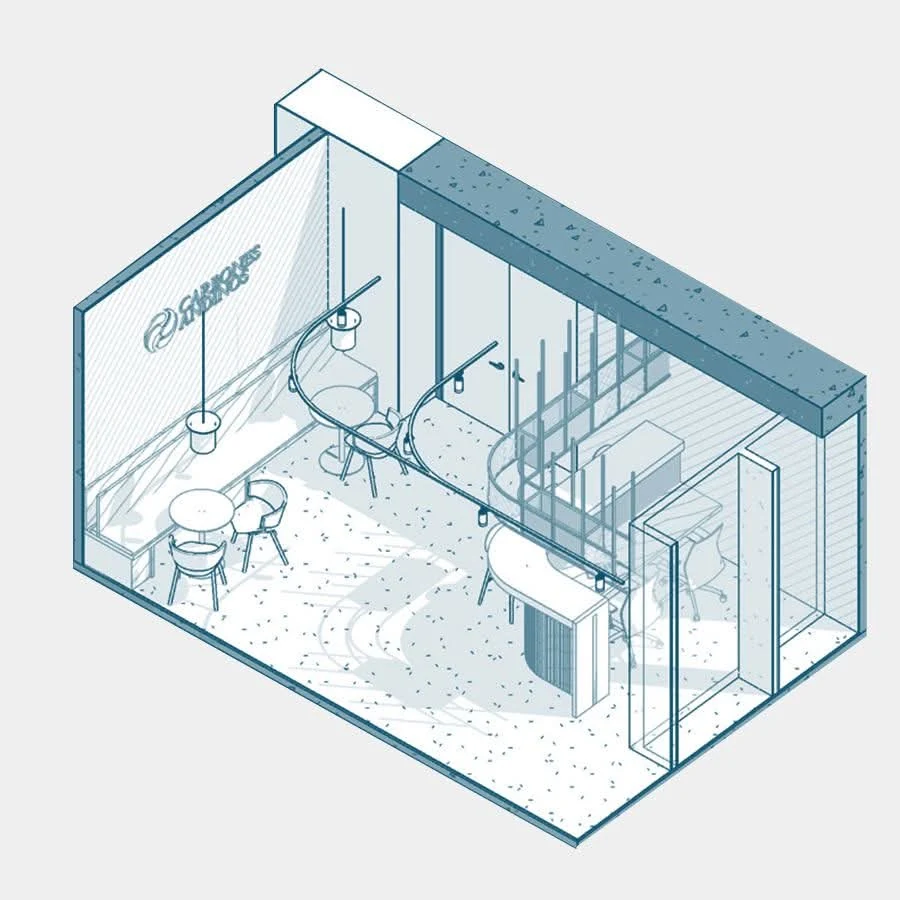 Reception and coffee bar: the logo on the back wall, the curved counter bending towards the meeting room, and low tables by the window, where every visitor's route begins.