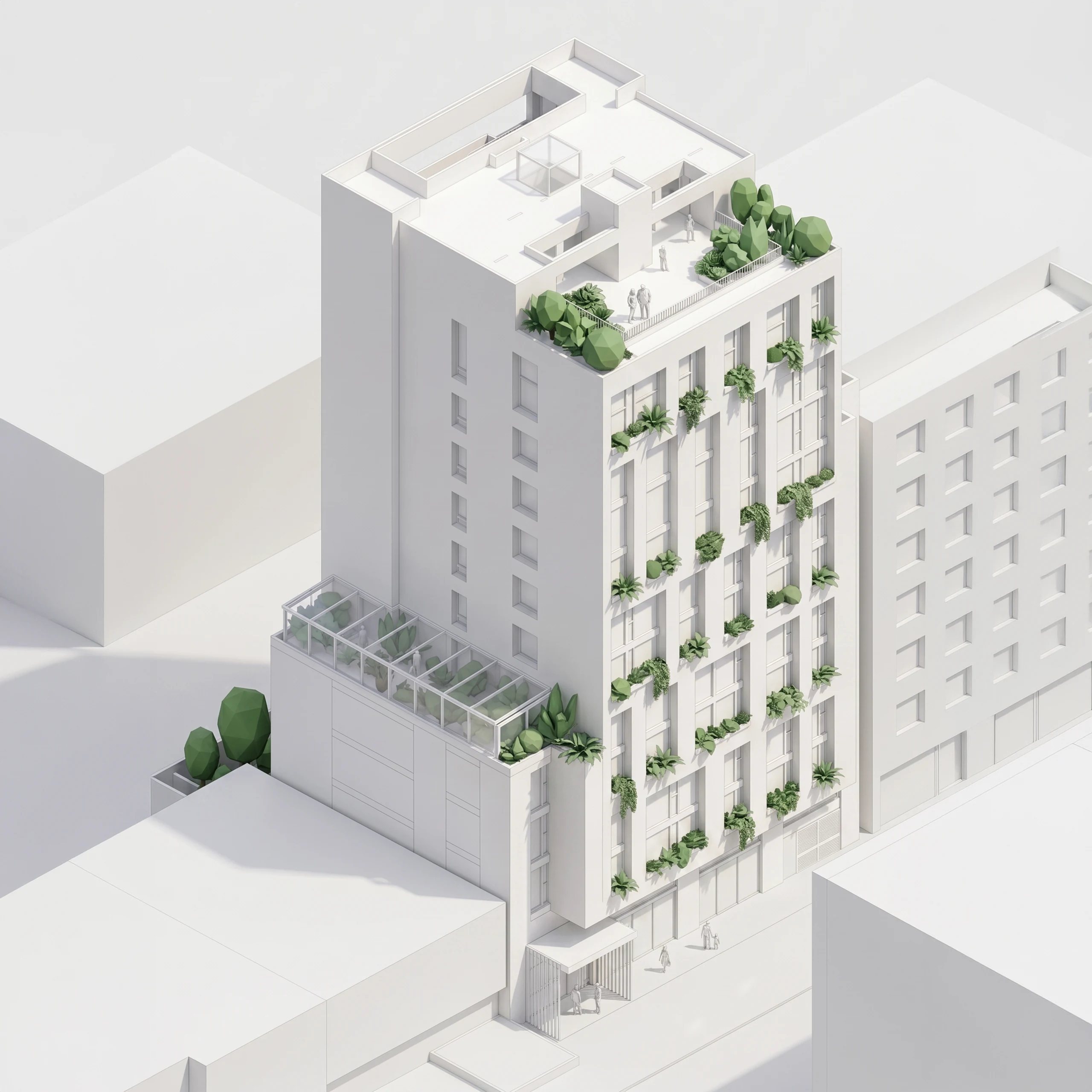 Single- and double-height frames: shade outside, furniture inside, planting along the edge.
