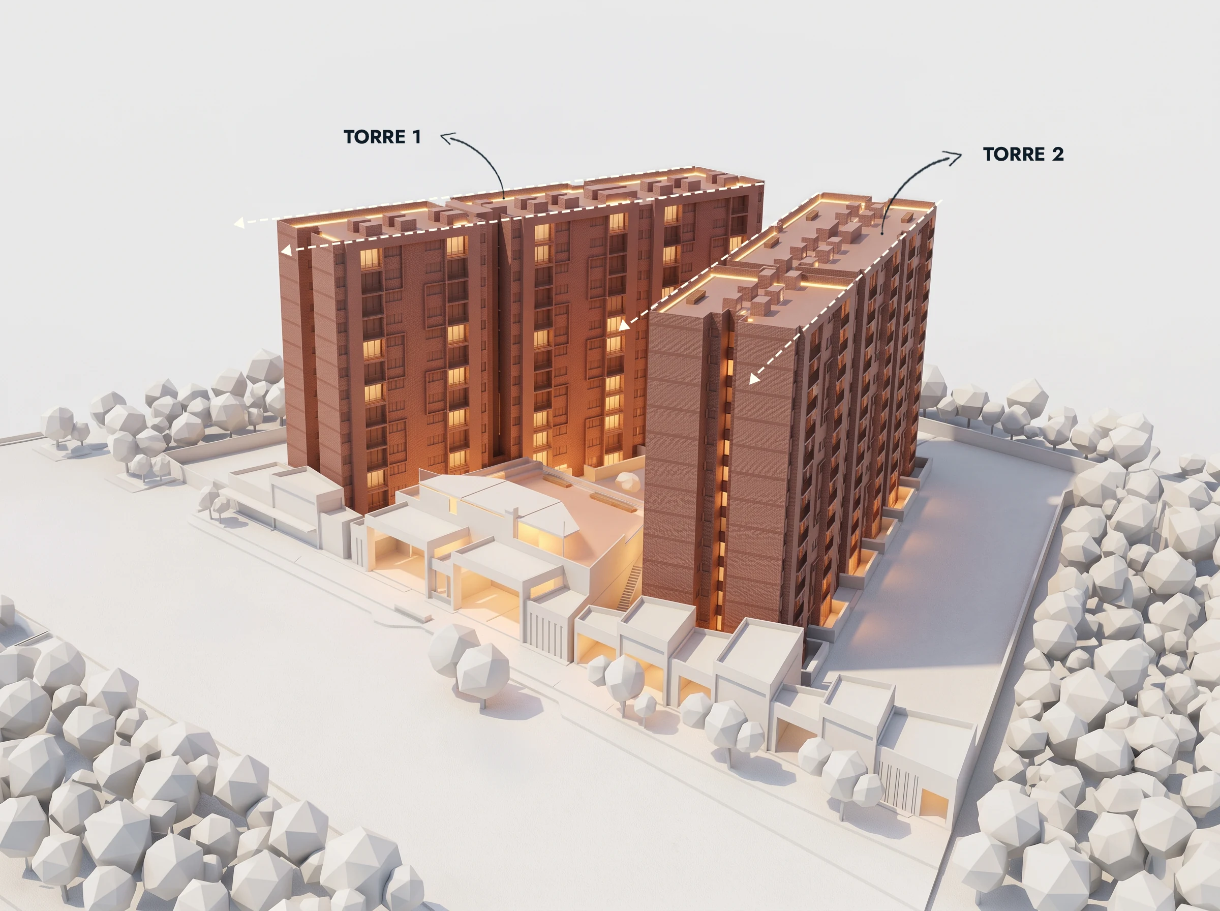 Two thirteen-storey towers, with twelve apartments per floor, stand towards the back of the site and gather the 312 homes away from the hard edges.