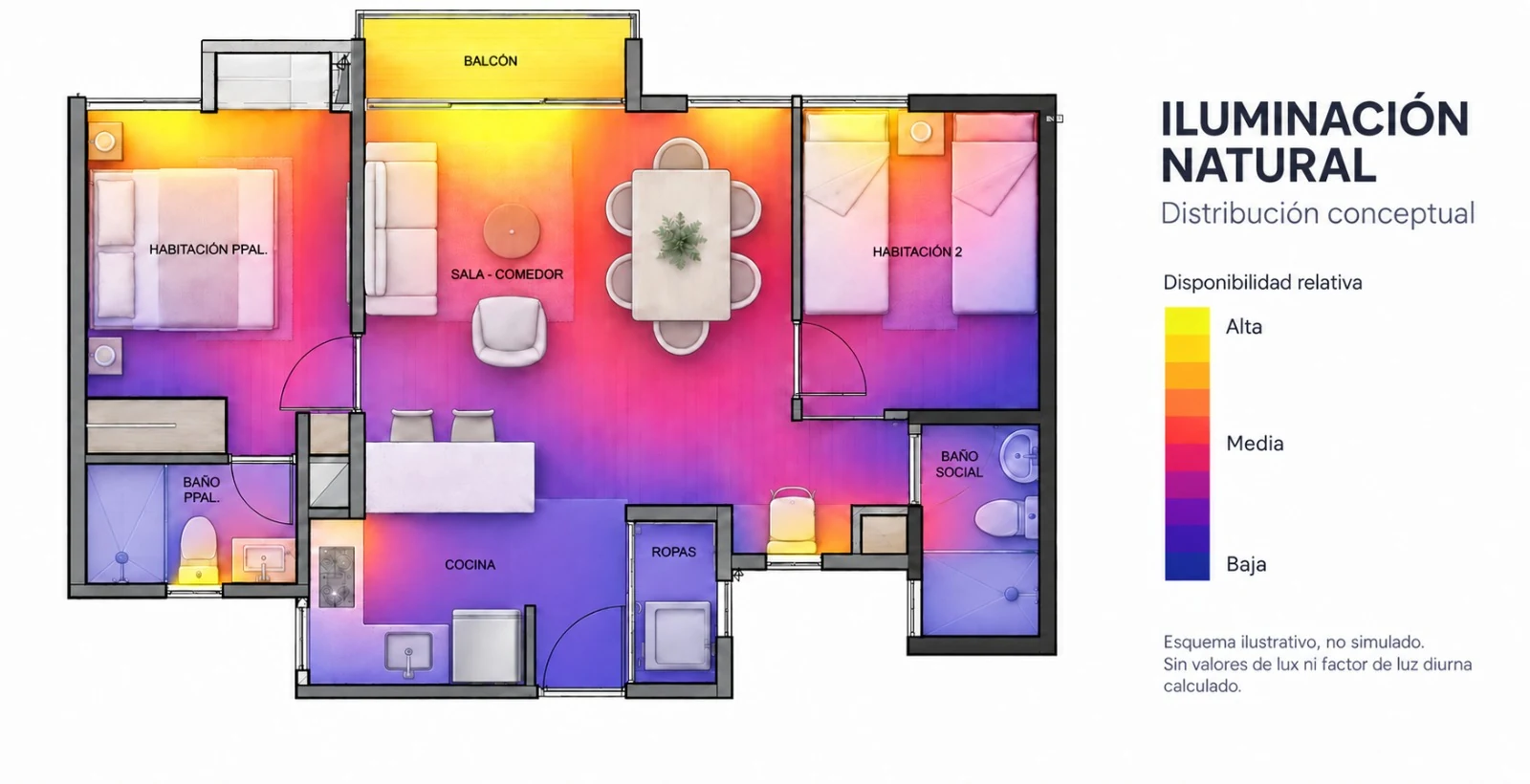 Conceptual distribution of daylight in the standard apartment: strongest at the balcony and bedrooms, weaker towards the kitchen and bathrooms.