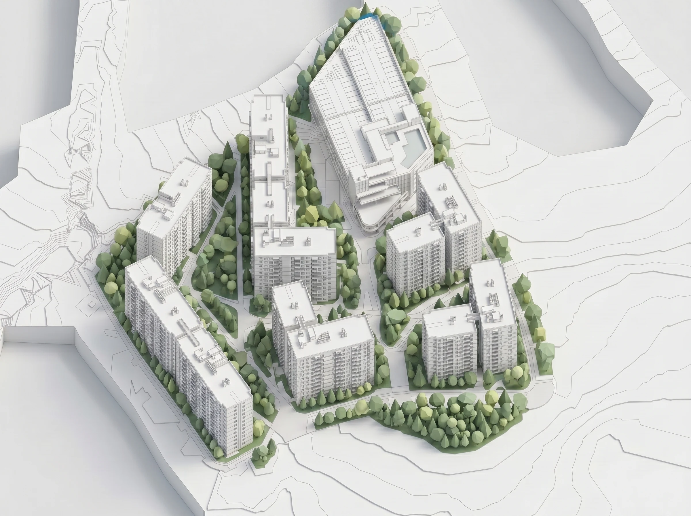 Topography and tree mass as the matrix of the site plan.