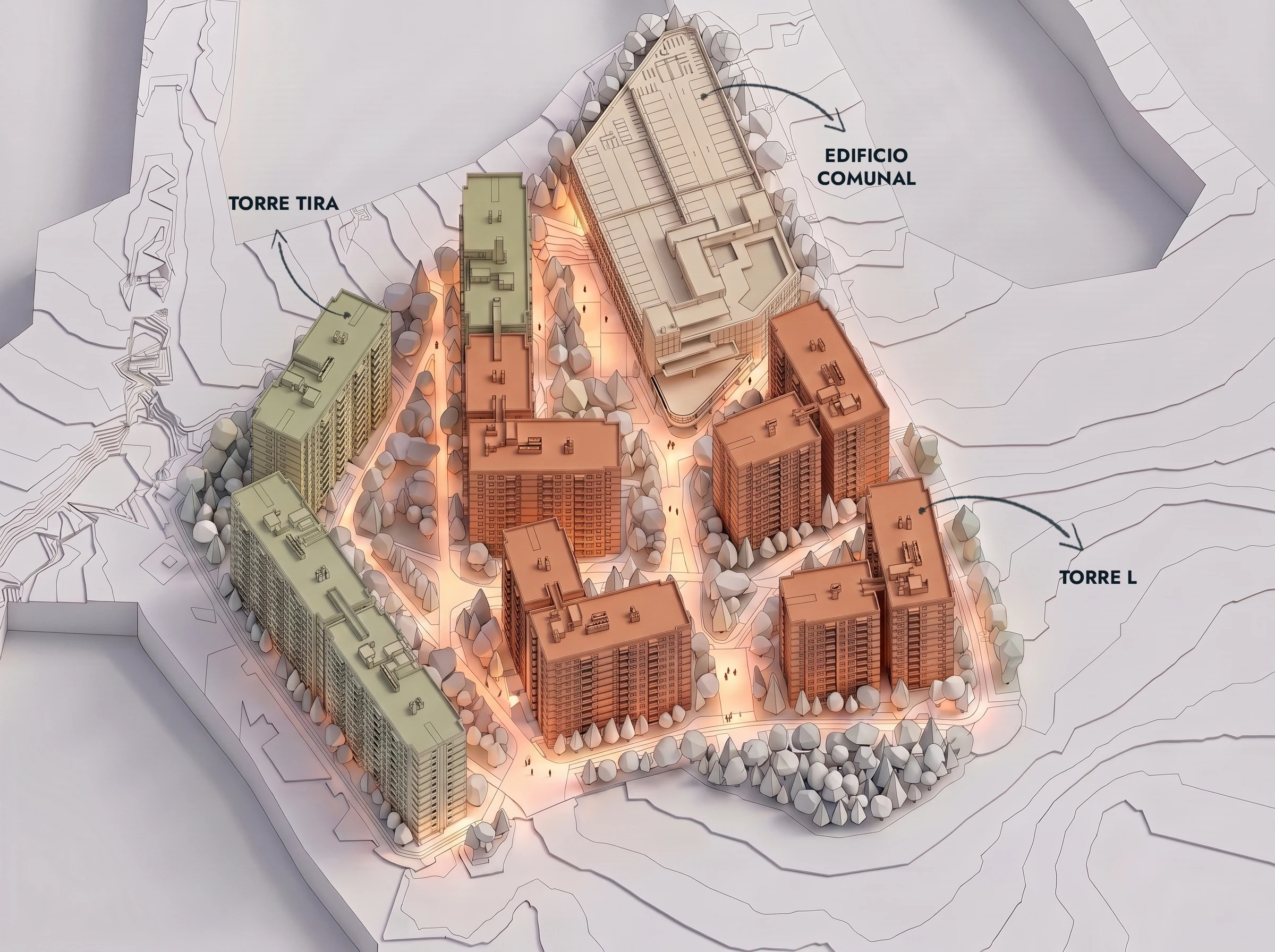 Three types —linear, L-shaped and communal— arranged to create courtyards.