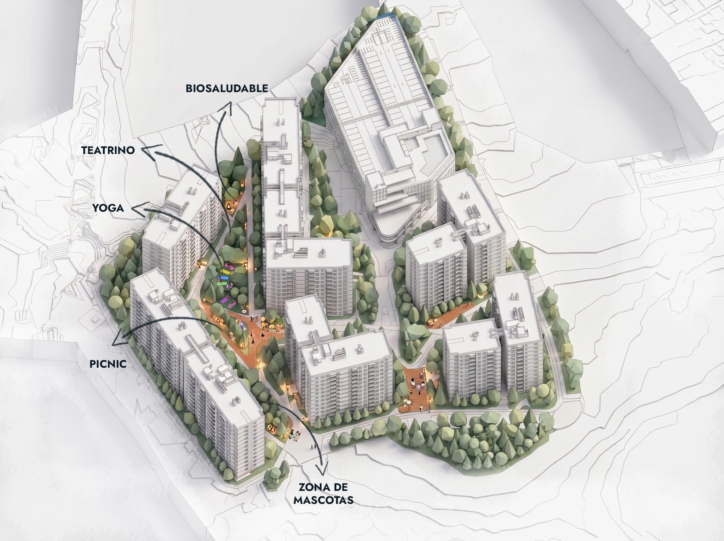 Outdoor theater, fitness circuit, yoga, picnic and pet areas spread along the green route.