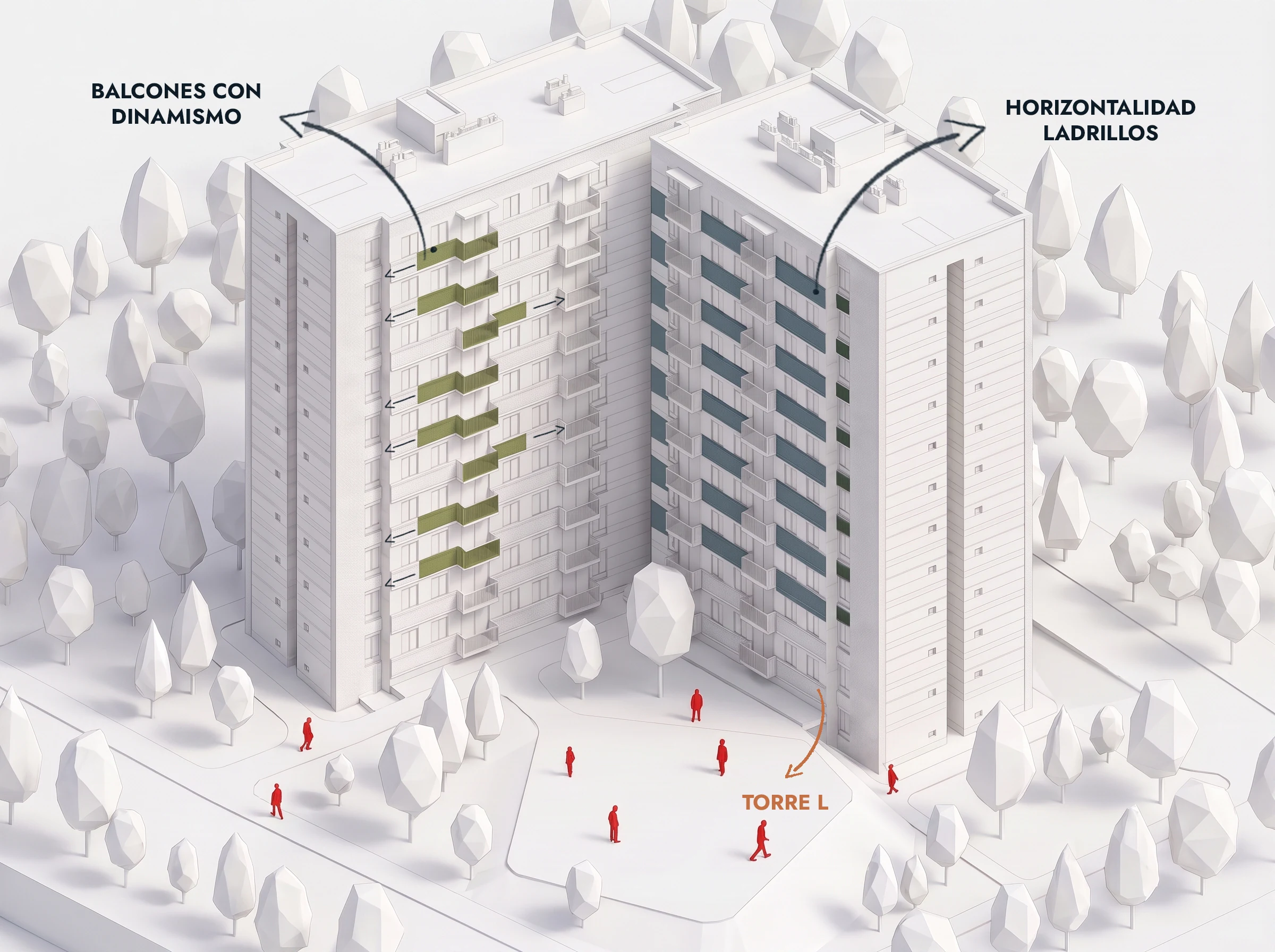 Horizontal brick bands and staggered balconies: order and movement on a single facade.