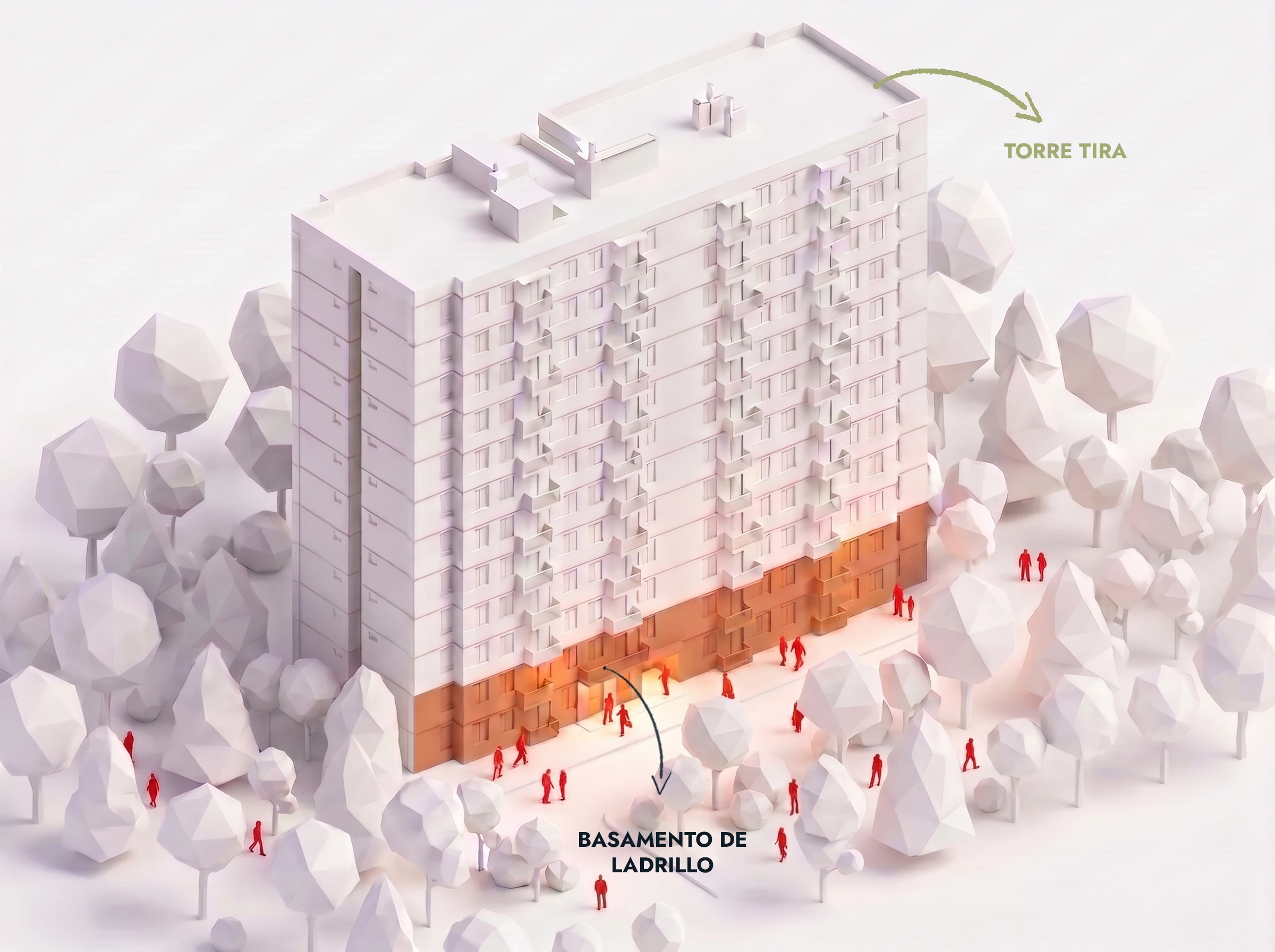 The brick plinth sets the pedestrian scale and settles the meeting with the park.
