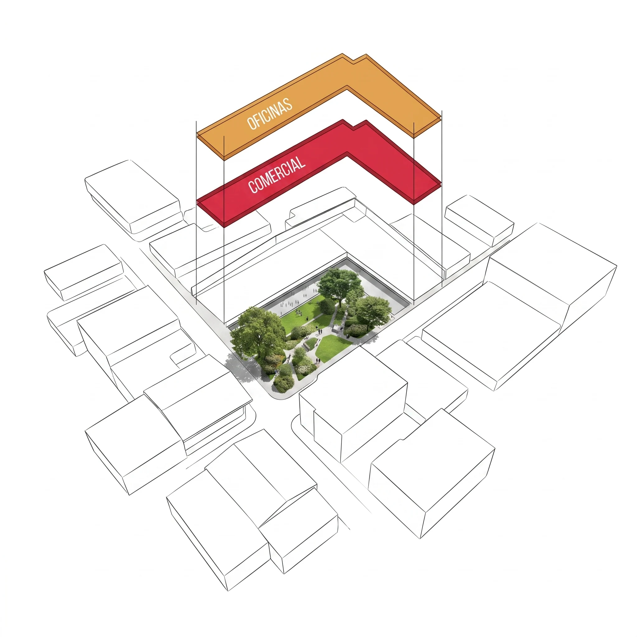 The uses stack in two L-shaped bands: retail open to the street below, offices above. The shape of the building is, literally, the sum of those two bands.