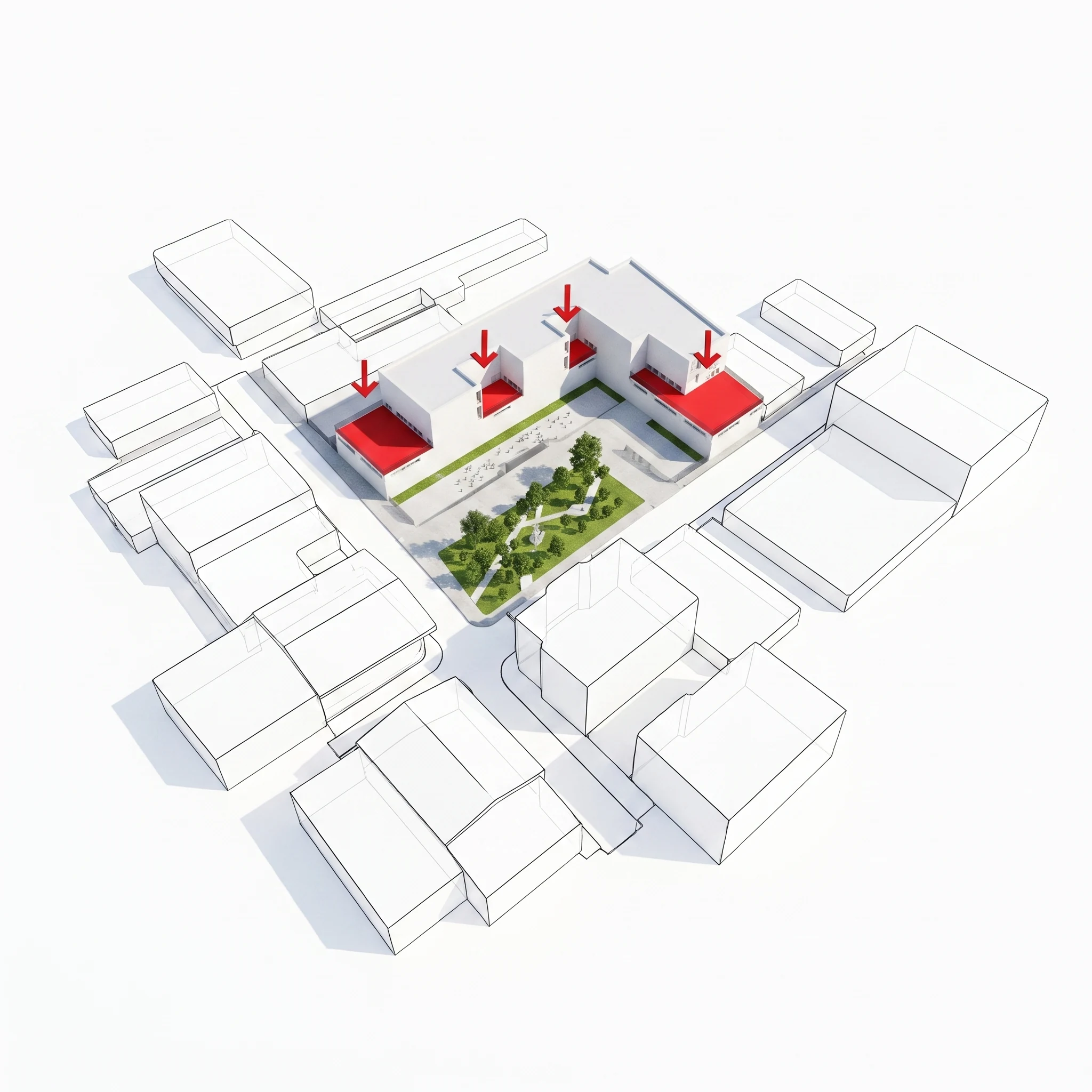 Courtyards cut out of the slabs. Each void is a way in for light to the centre of a deep floor plate and a way out for warm air above.