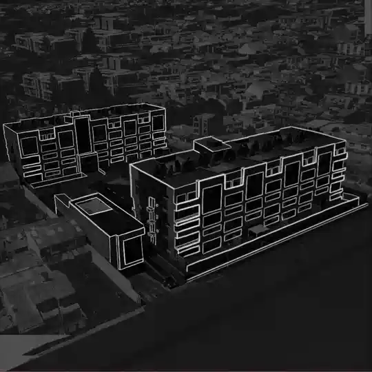 The site plan in one drawing: morning and afternoon sun on the two blocks, views to La Valvanera and the hills, roof ducts, and modules that add up according to how many people live in each home.