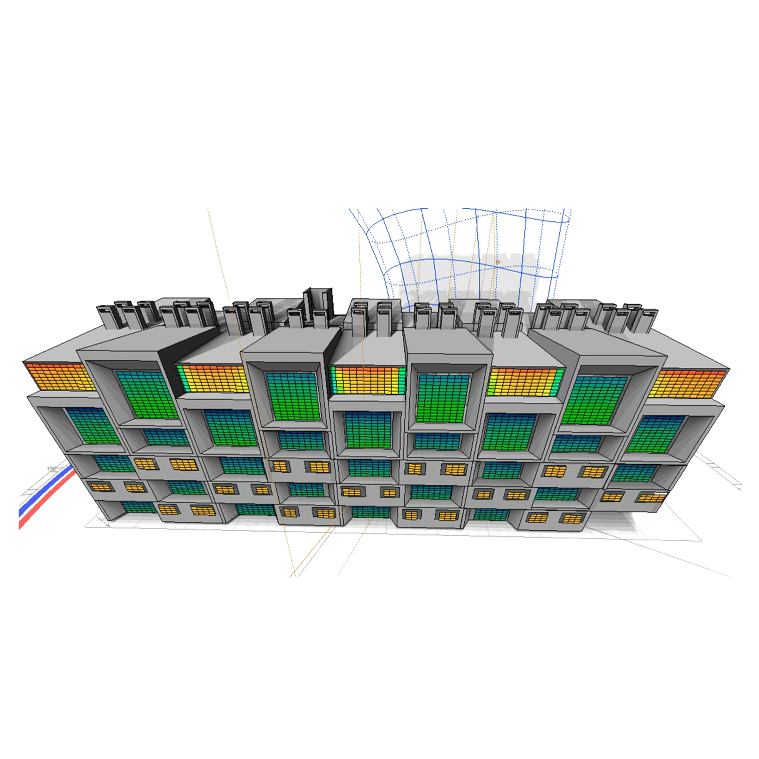 Insolation analysis across the façades: it measures the radiation each window receives, to decide where it is worth capturing sun and where to shade.