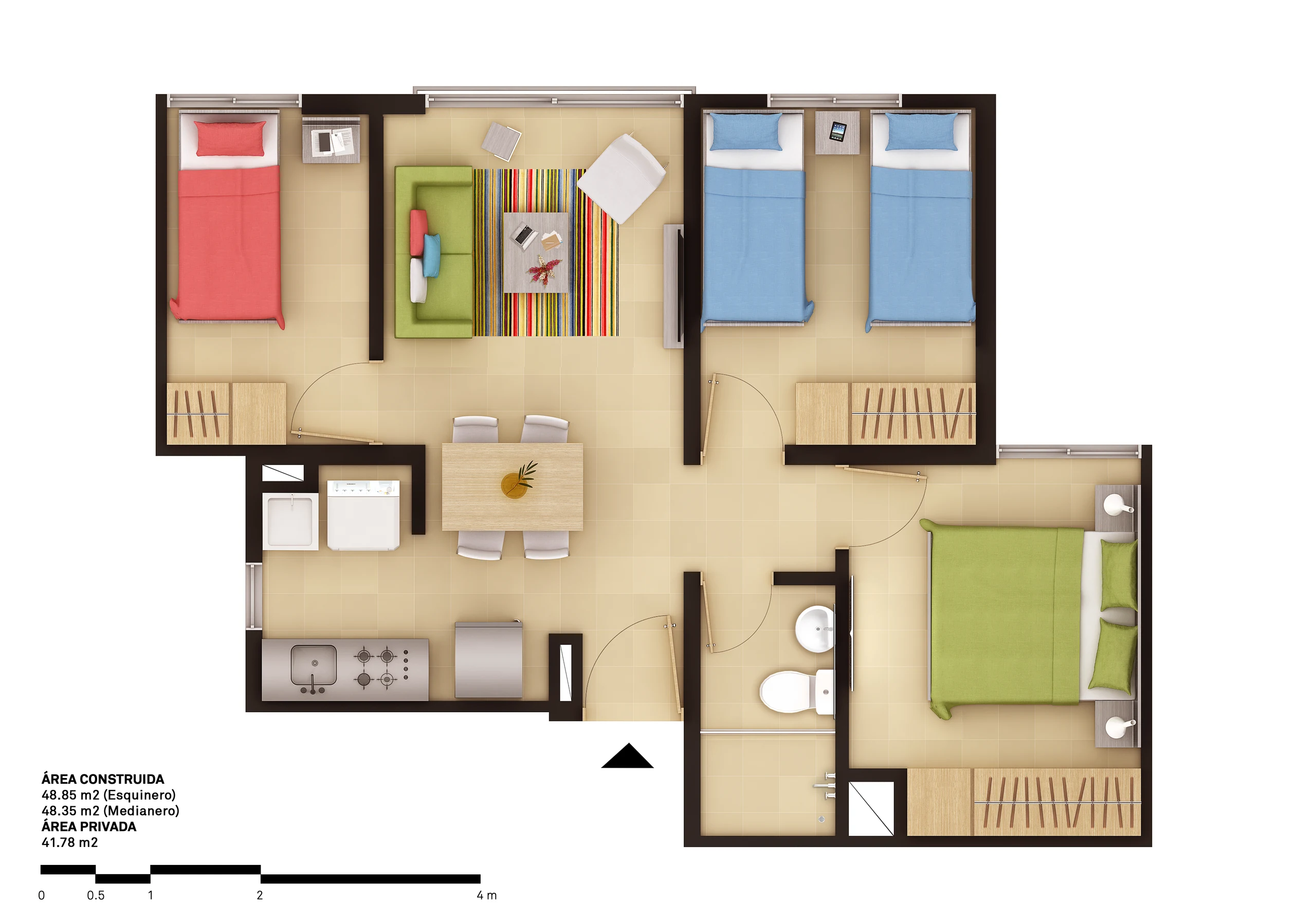The apartment plan in its three-bedroom version: the third bedroom fits inside the same perimeter, without moving the kitchen or the bathroom.