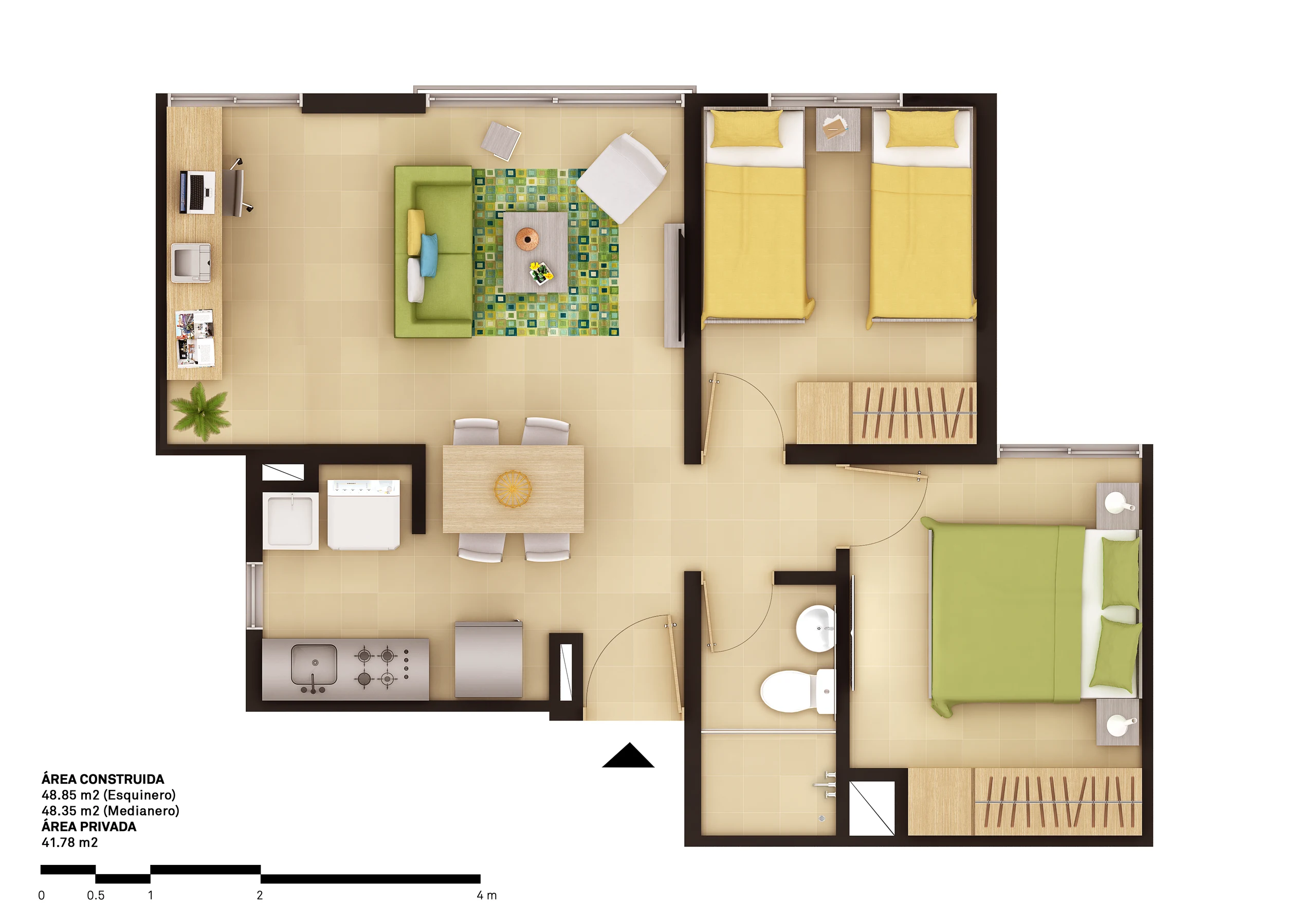 The same unit with two bedrooms: the freed area is added to the living room and leaves a study corner by the window.