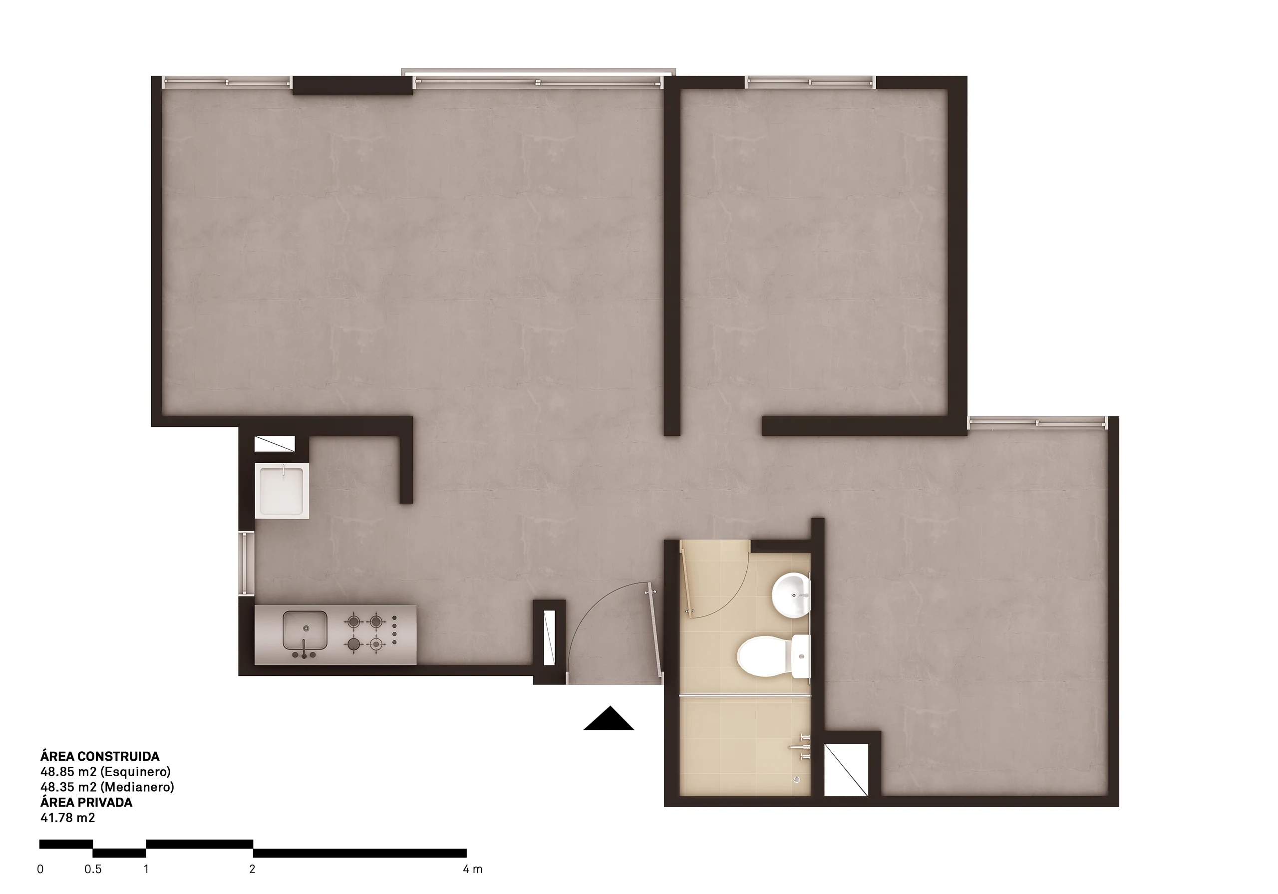The unfurnished plan shows what the flexibility consists of: kitchen and bathroom fixed in place, and the rest available to be divided as each family needs.