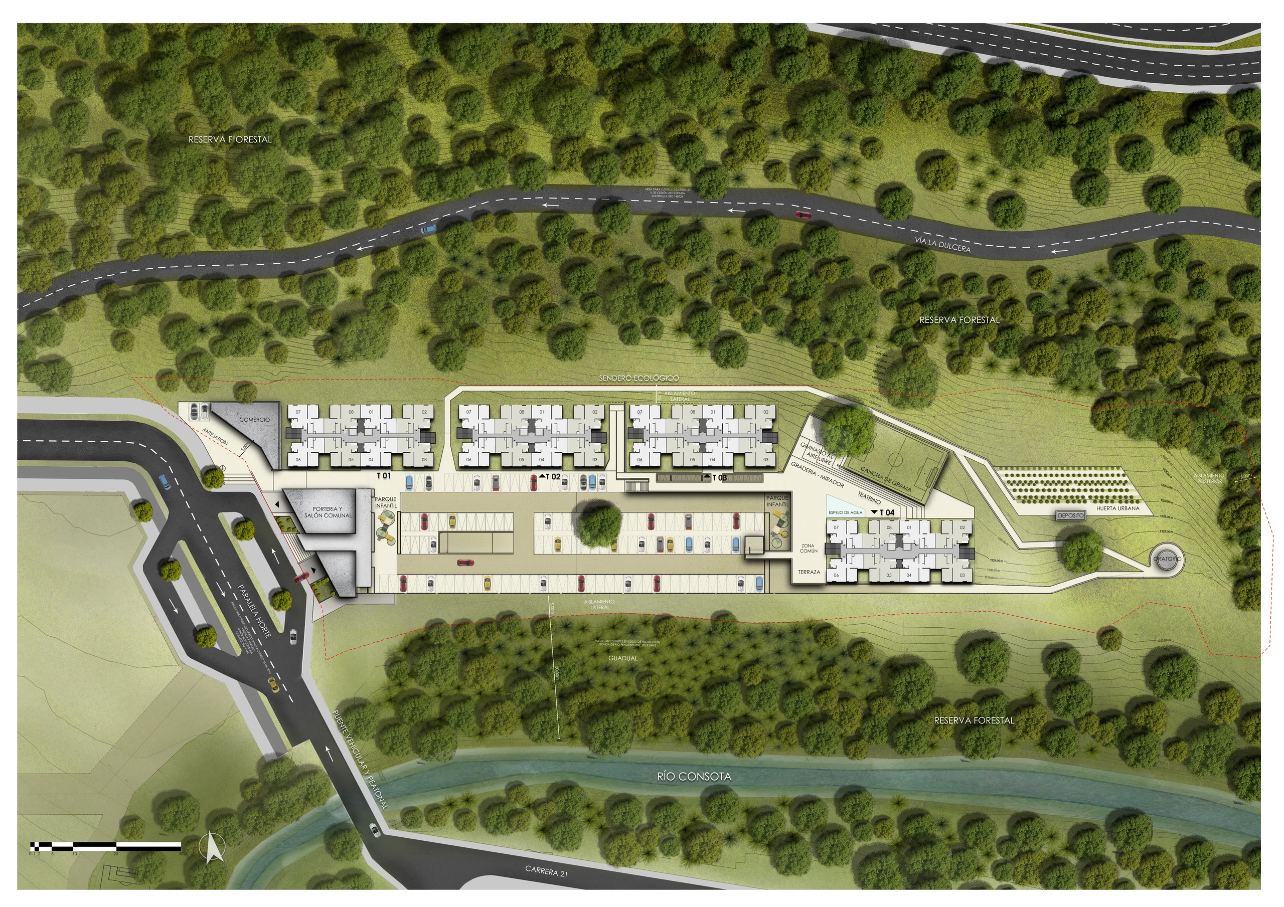 General site plan: the four towers line up on the platform, between the La Dulcera road and the bamboo grove of the Consota; the gatehouse and community hall receive visitors from the Paralela Norte, and at the eastern end sit the pitch, the open-air theatre, the urban garden and the oratory.