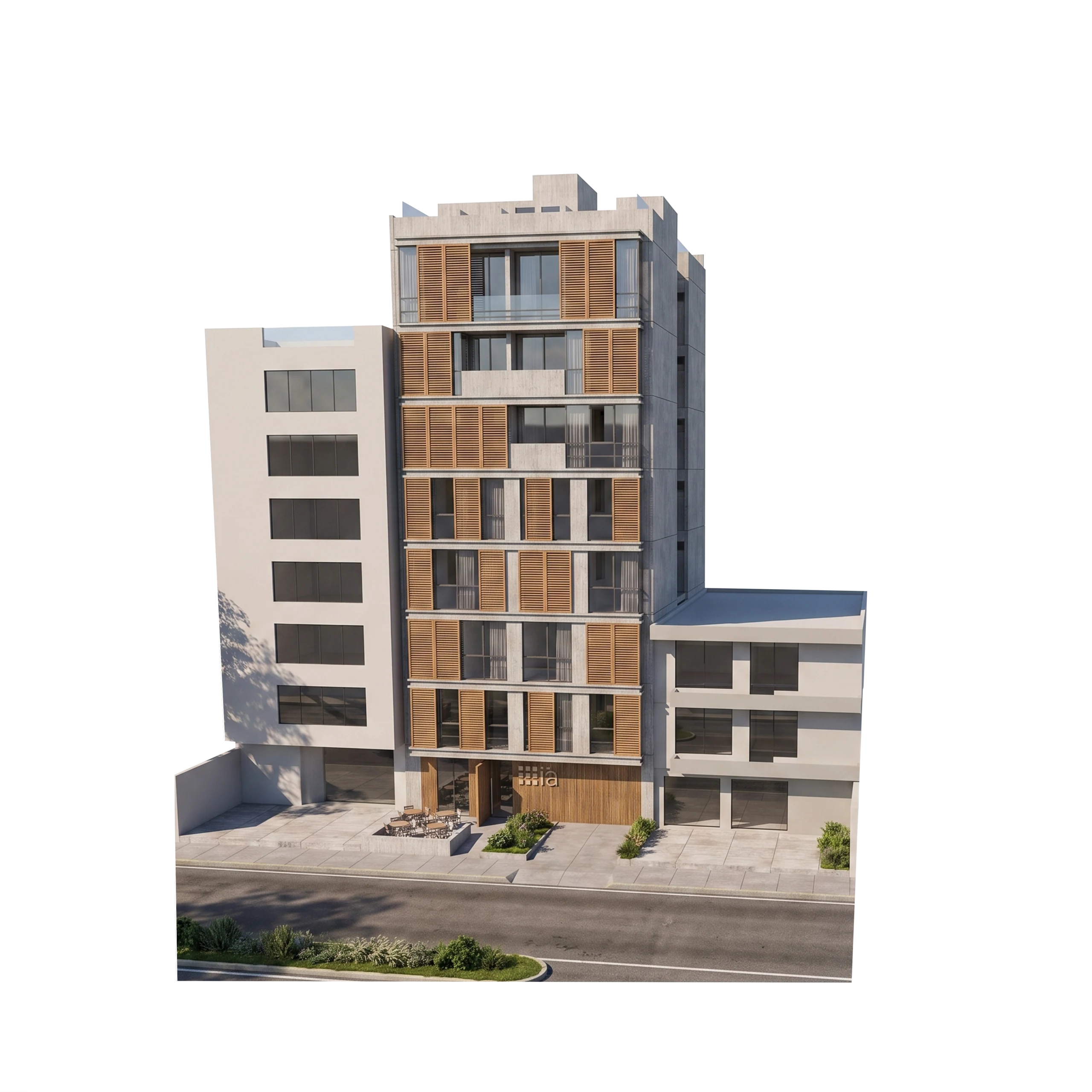 The building fully occupies a narrow party-wall lot; the timber panels on the facade resolve both solar protection and privacy toward the street at once.