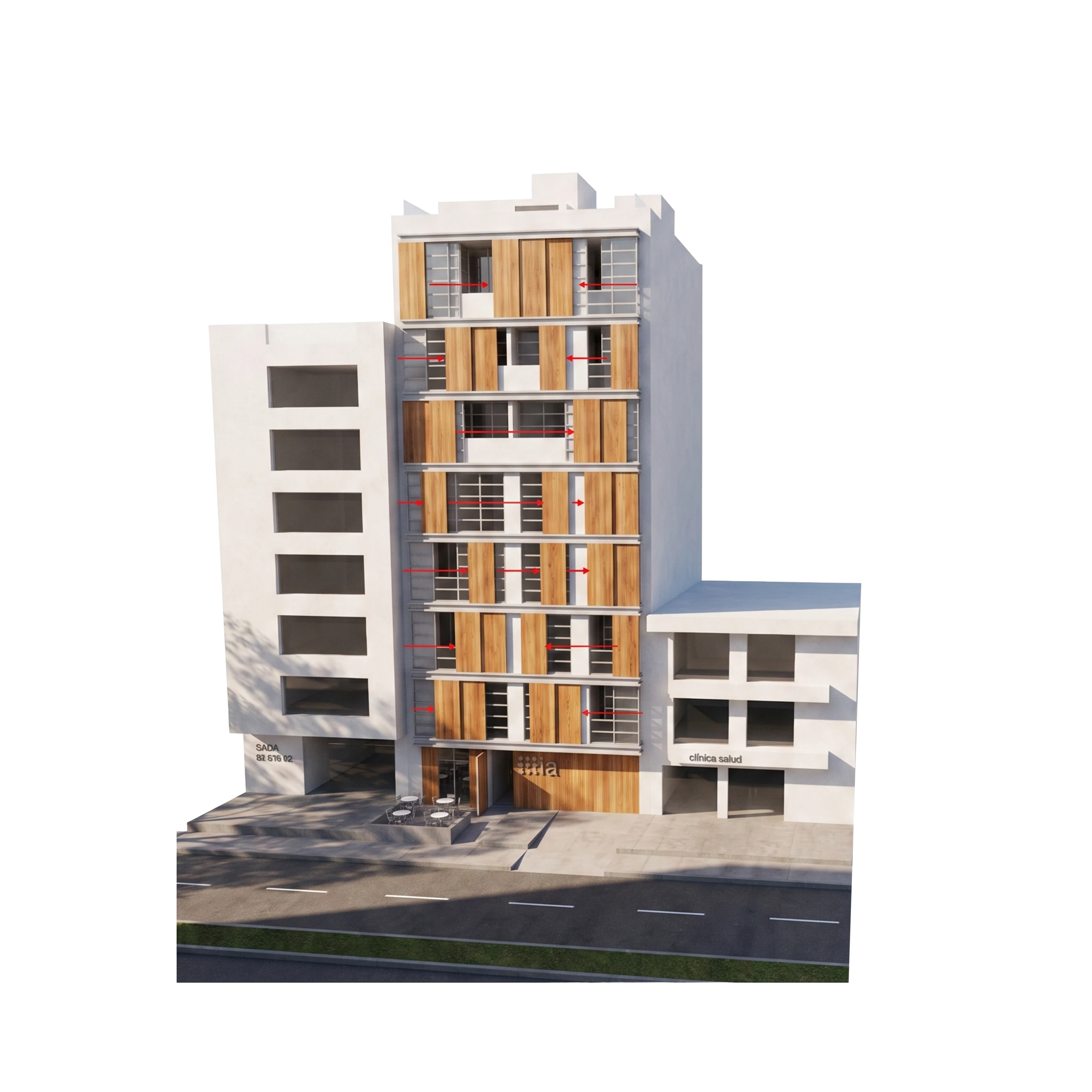 The panels slide by hand: each resident opens or closes their facade according to the light they seek and the privacy they need.