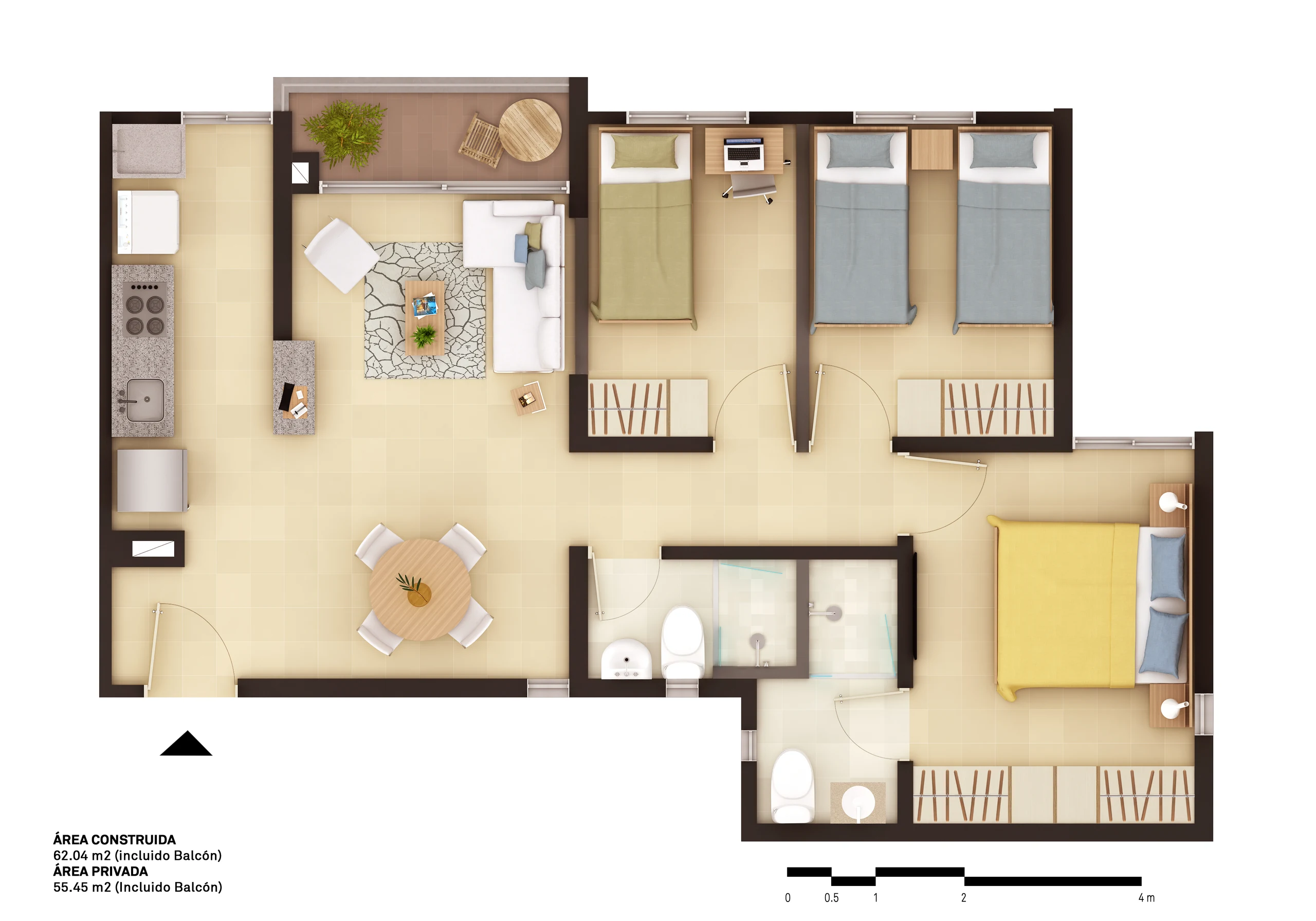 First plan option for the type A apartment. The wet core groups against the service facade so the living areas can face the landscape.