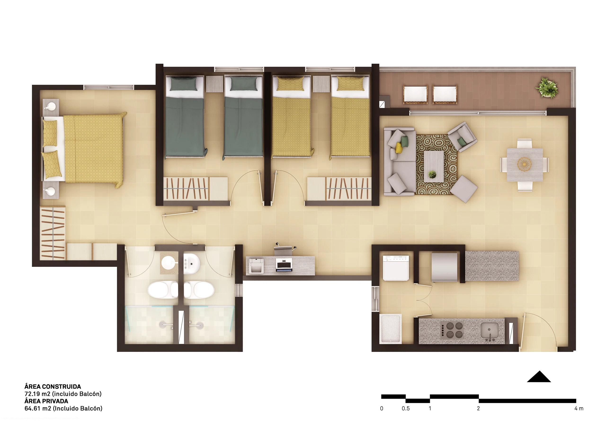 Plan of the type B apartment, the larger variant. It repeats the wet core of type A so the towers can mix types without breaking the structure.