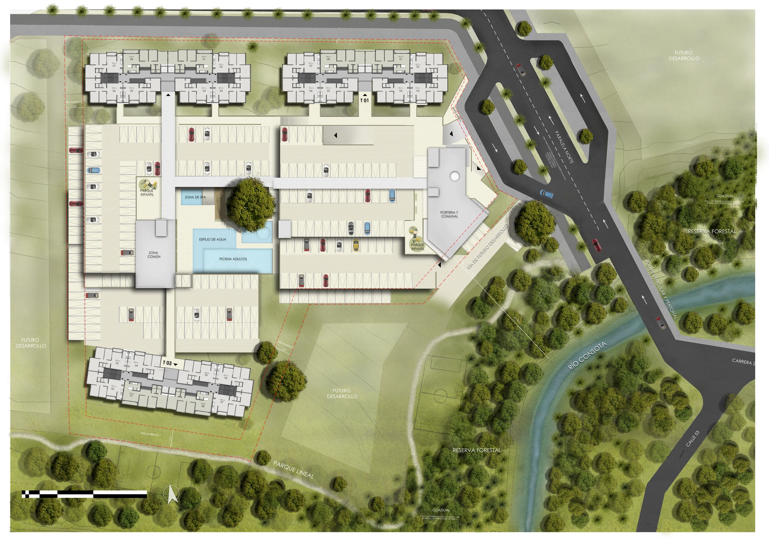 Final general site plan, with the towers numbered on the platform and the shared facilities concentrated at the centre of the scheme.