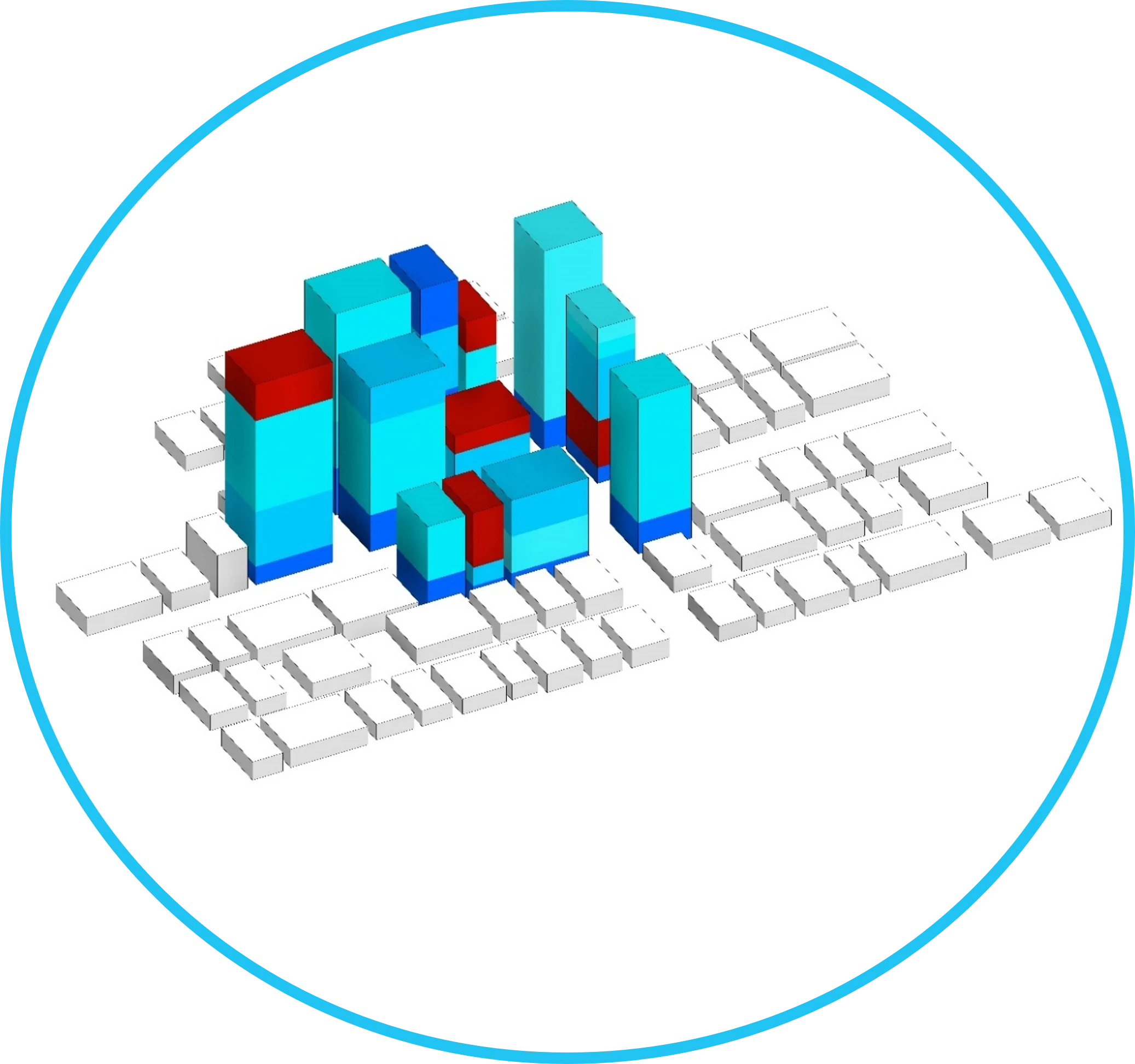 The compact city by use: the same colours stacked within one volume. It is the vertical mix that makes the whole walkable.