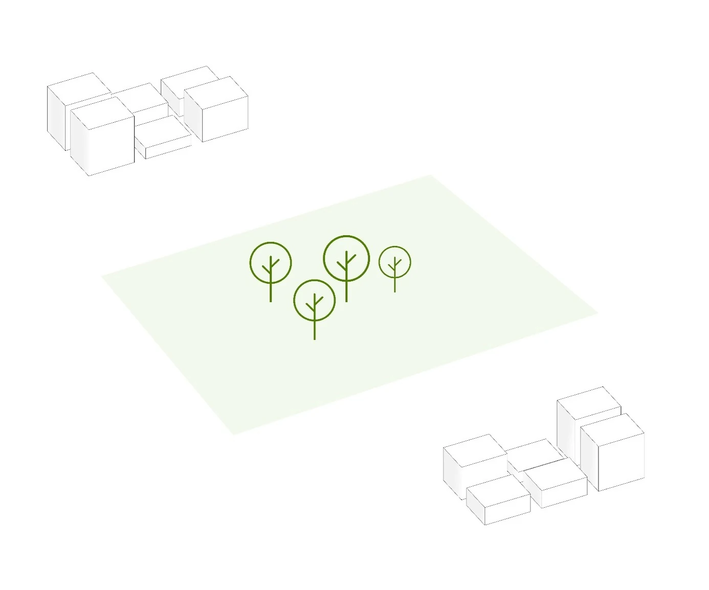 The green void between two urban fragments: not leftover, but the piece the masterplan will put to work.