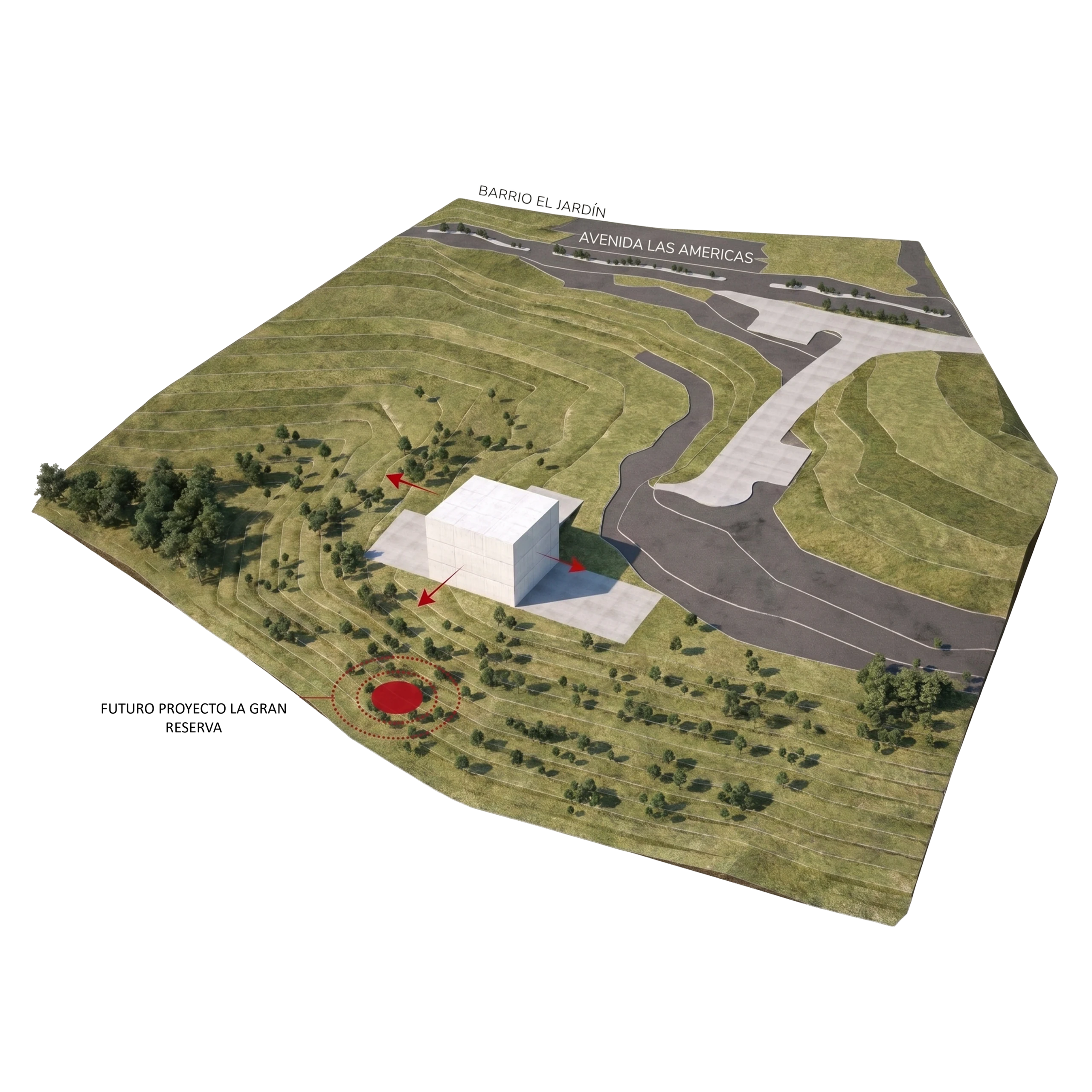 Strategic location and use of the views. The arrows mark the visual cones that the interior route picks up one by one.