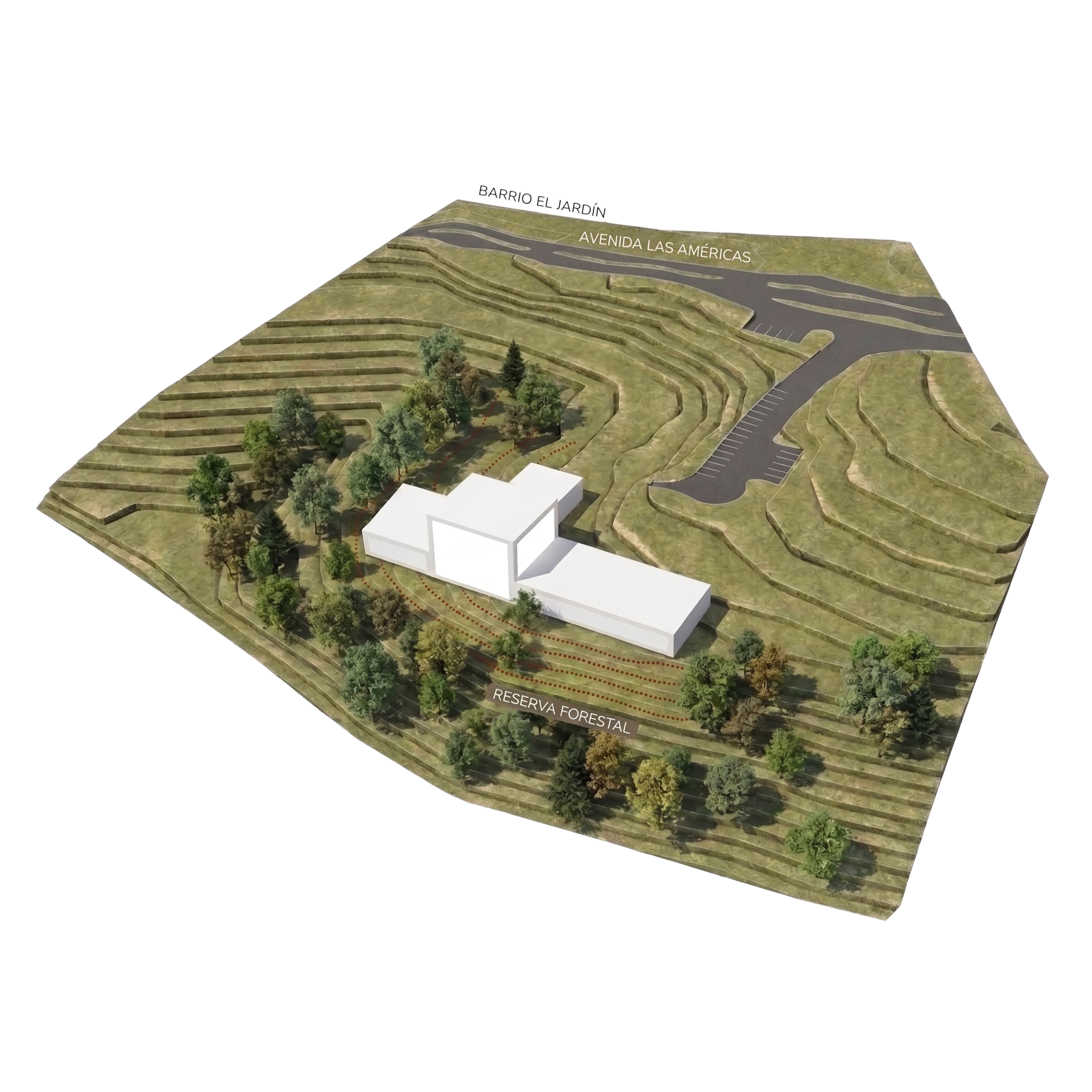 Adaptation to the terrain. The volume settles onto the contour lines instead of flattening the rise.