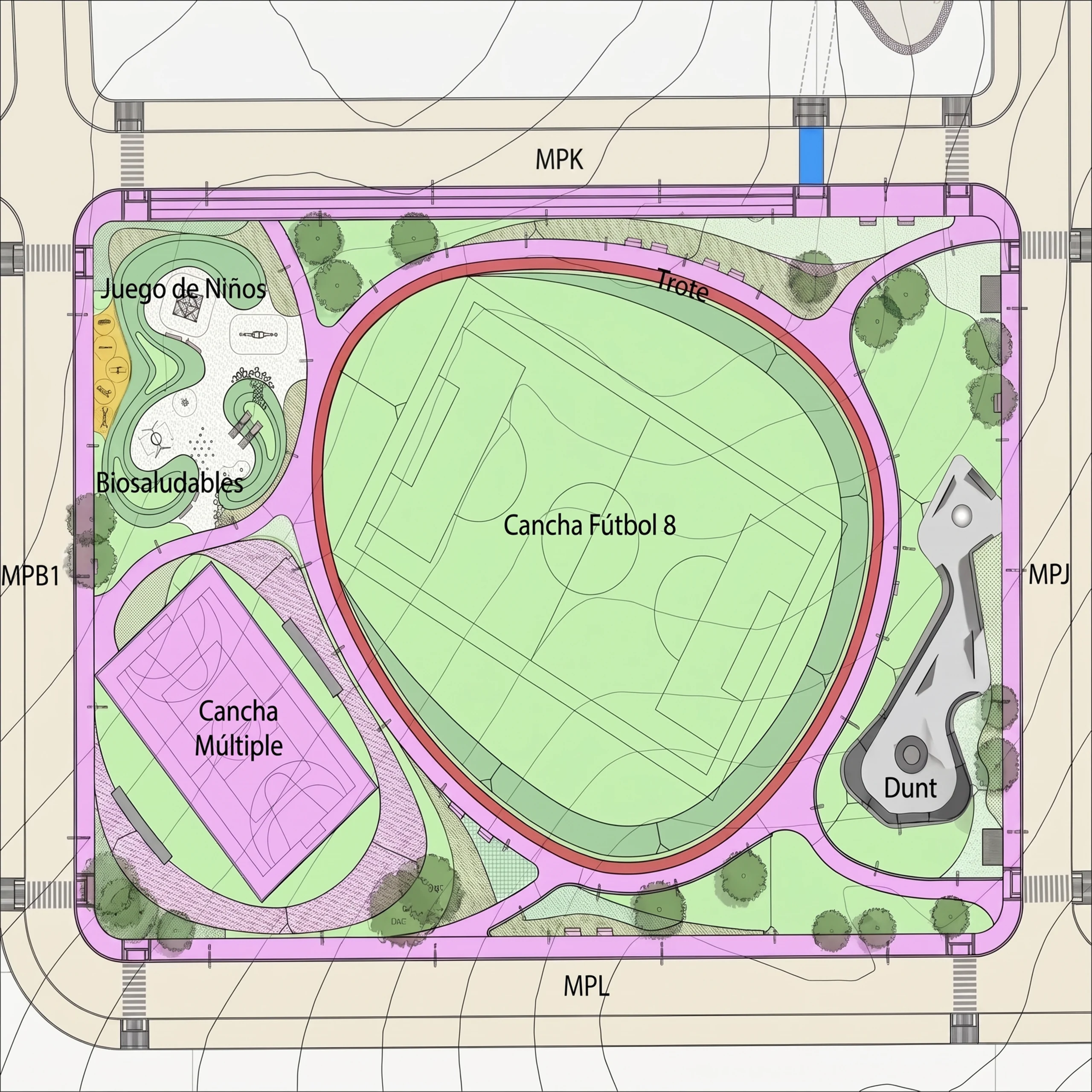 Plan of the sports park: the seven-a-side pitch at the centre, the jogging ring wrapping around it and, at the edges, the multi-use court, the children's play area and the outdoor gym.