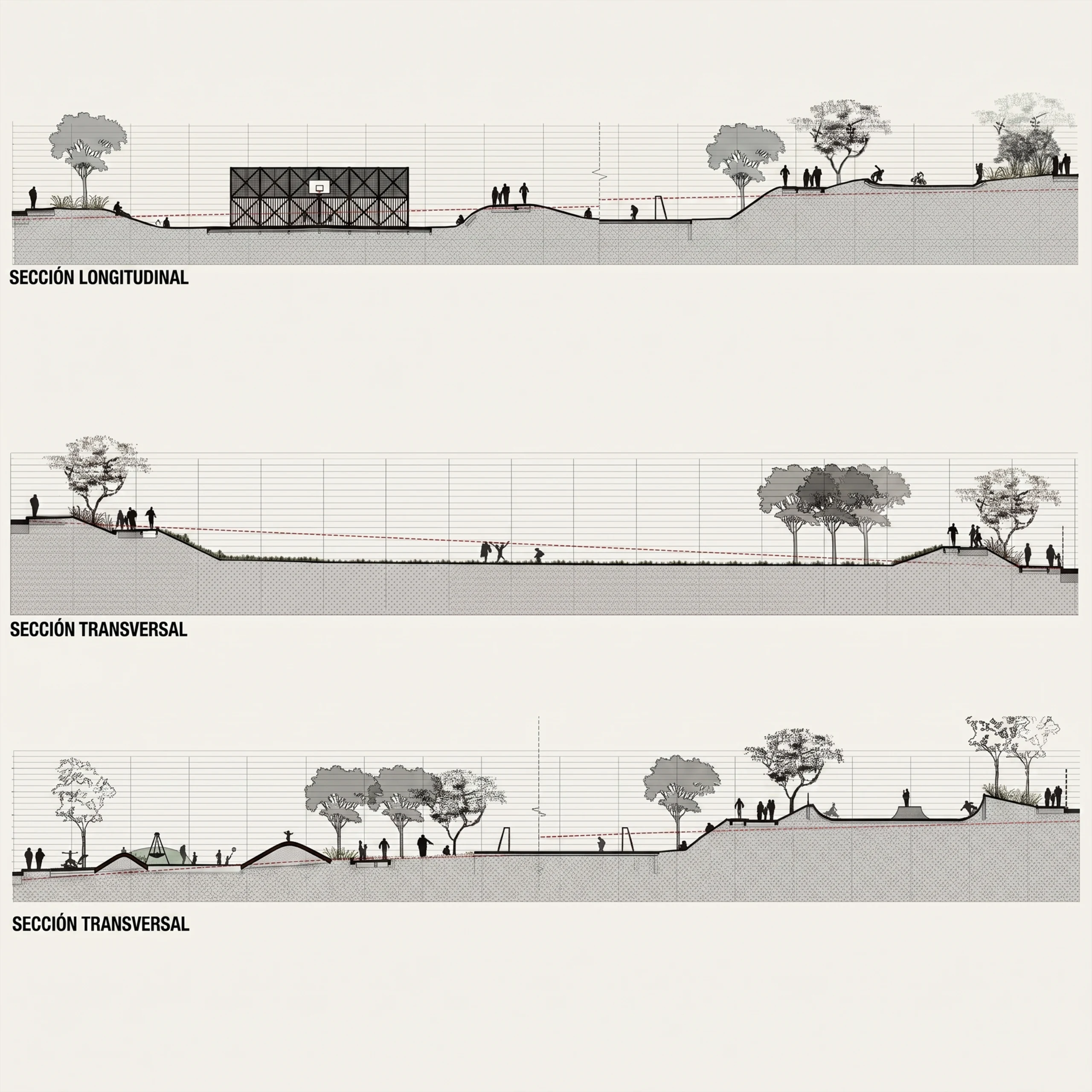 Sections through the sports park. The sightlines confirm that the far end of the park stays visible from the upper footway despite the slope.