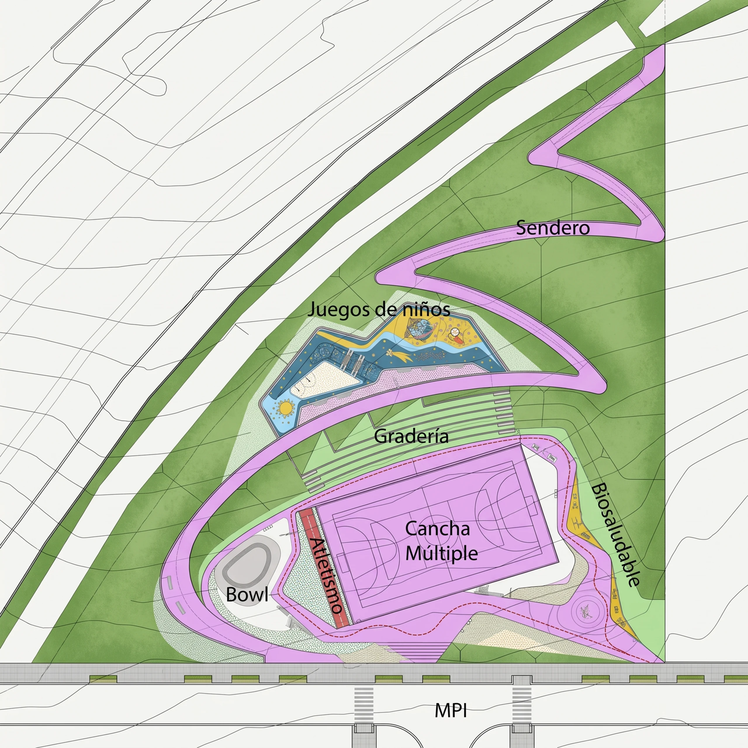 Plan of the family park: winding path, grandstand cut into the hillside, running track and skate bowl resolved in the change of level.