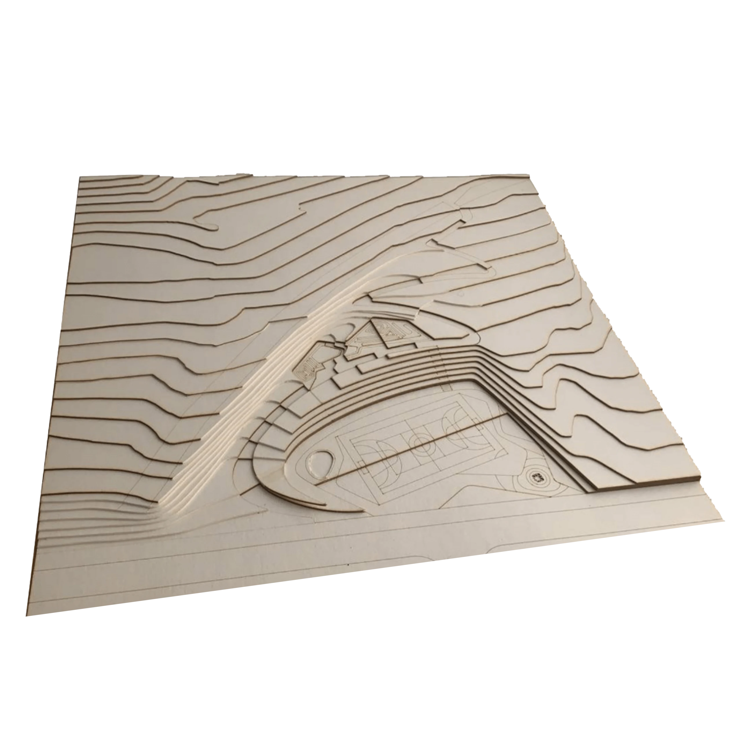 Contour model. The park is cut into the hillside rather than flattening it; the physical model was used to verify that.
