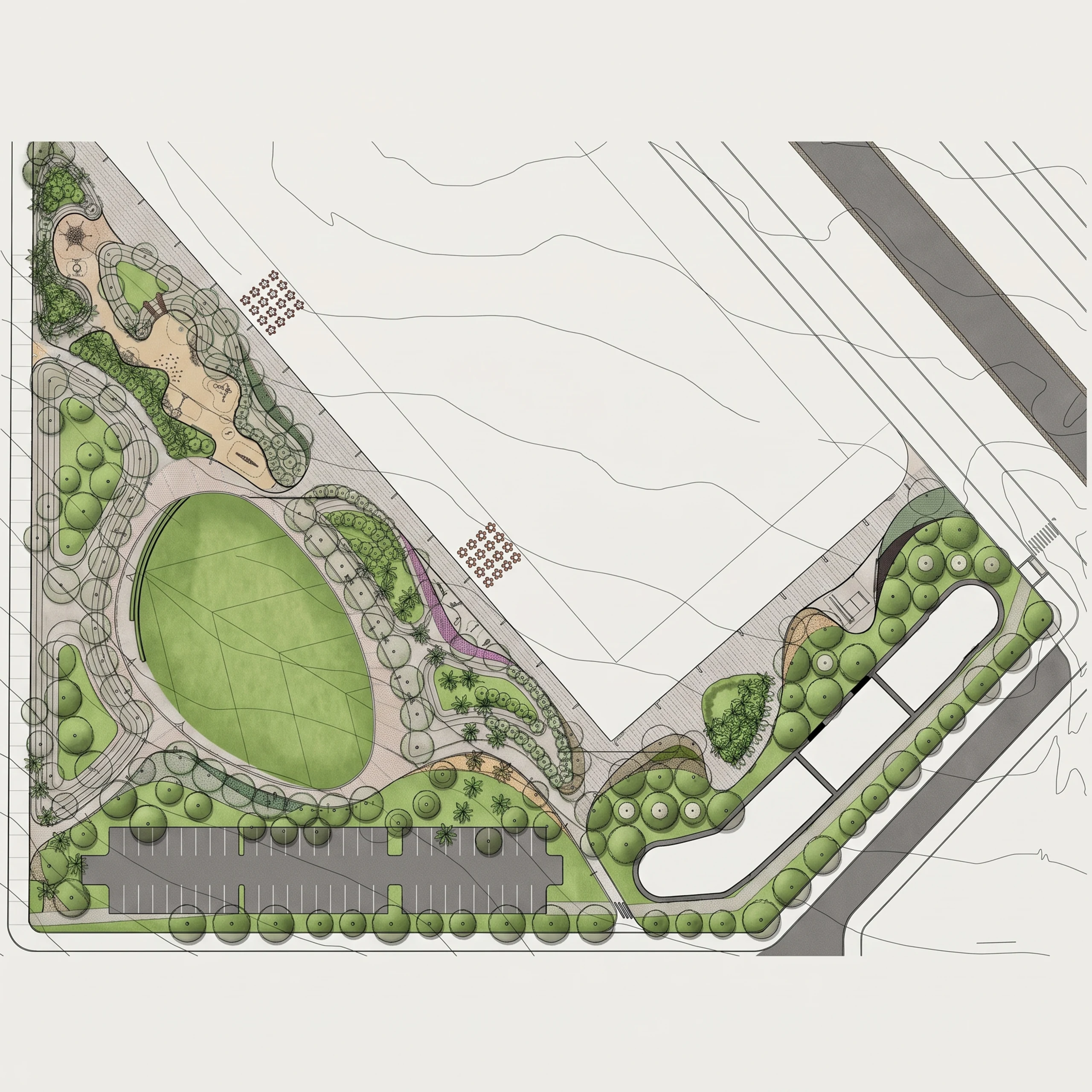 Plan of the gathering park: a large oval lawn as the main void, bordered by trees and by paths that tie the neighbouring blocks together.