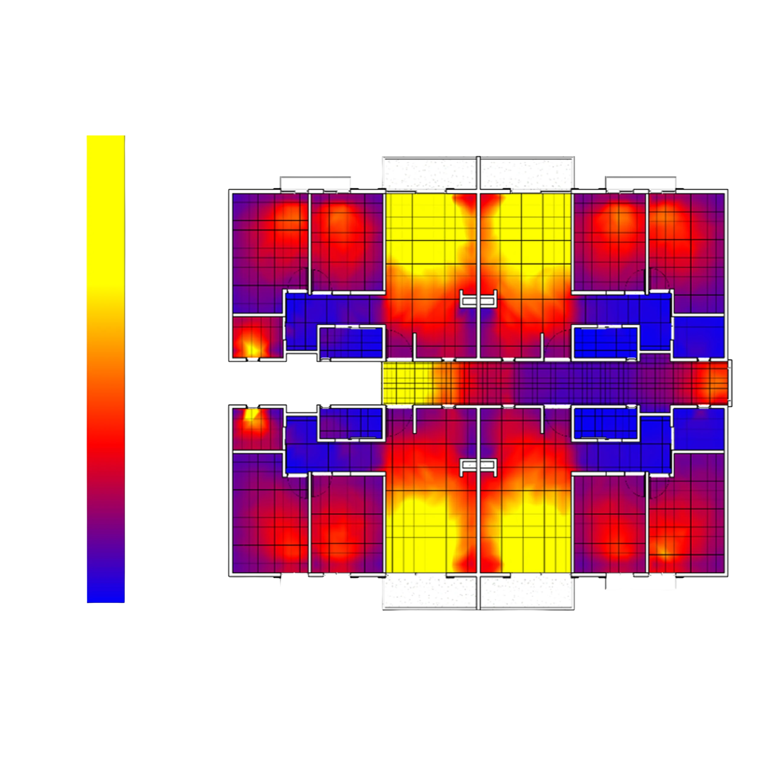 Daylight simulation of the typical floor plan: living spaces gather where daylight is most generous, while services occupy the dimmer zones.