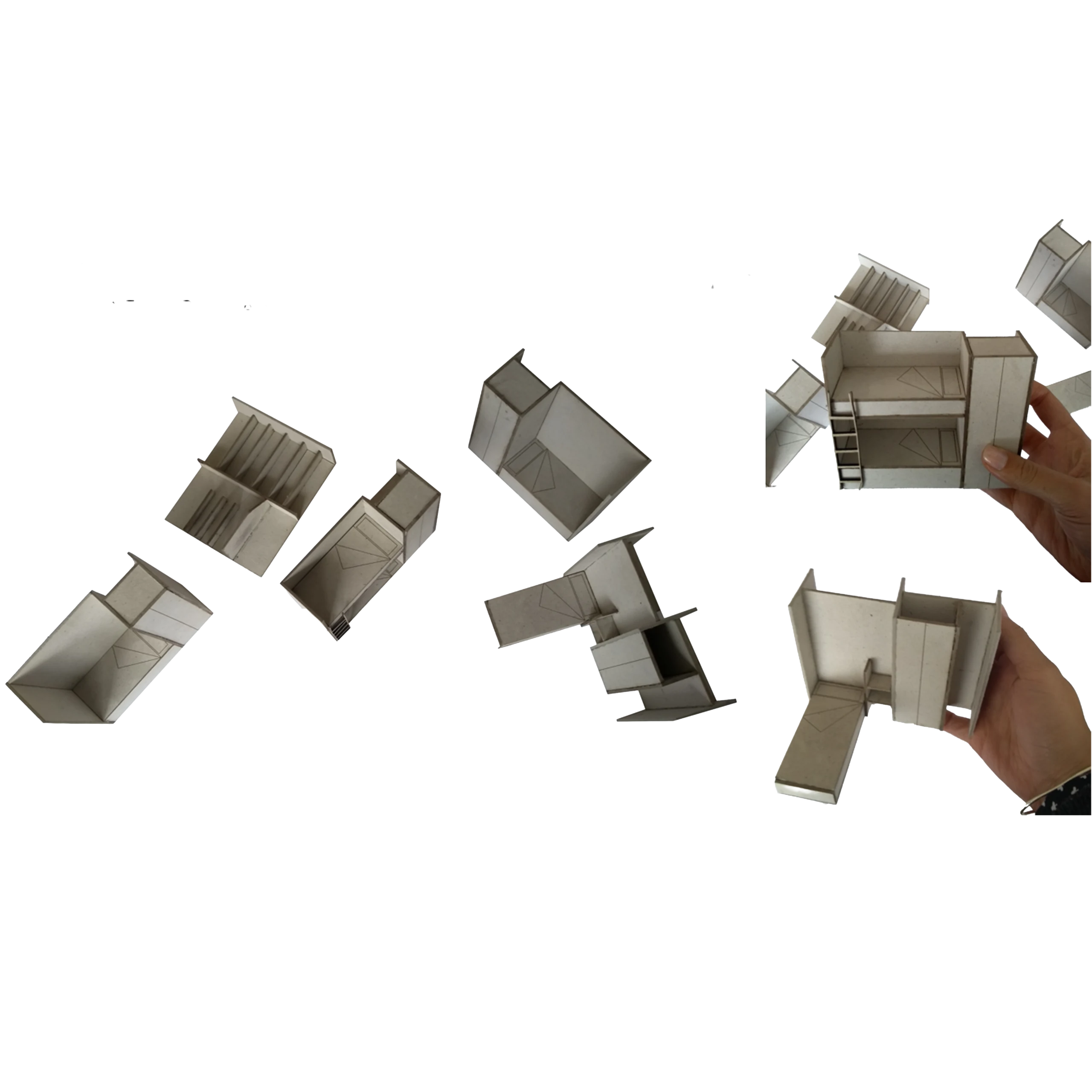 Furniture pieces as working tokens: scale beds, closets and cabinets used to rehearse how families might appropriate the flexible unit.