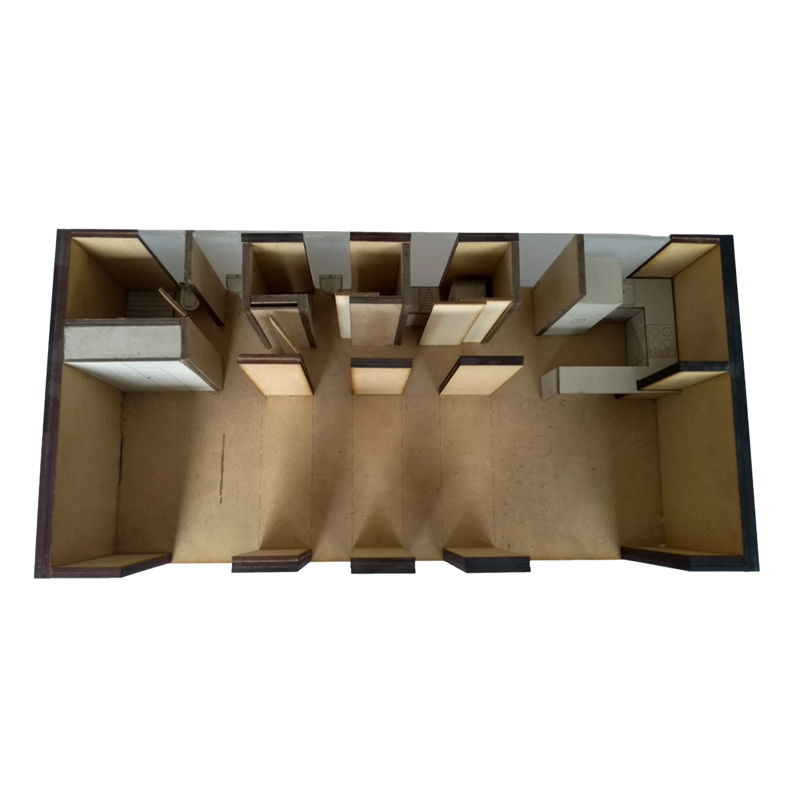 The blank space: the unit model shows the fixed kitchen-and-bathroom band and leaves the rest of the plan free.