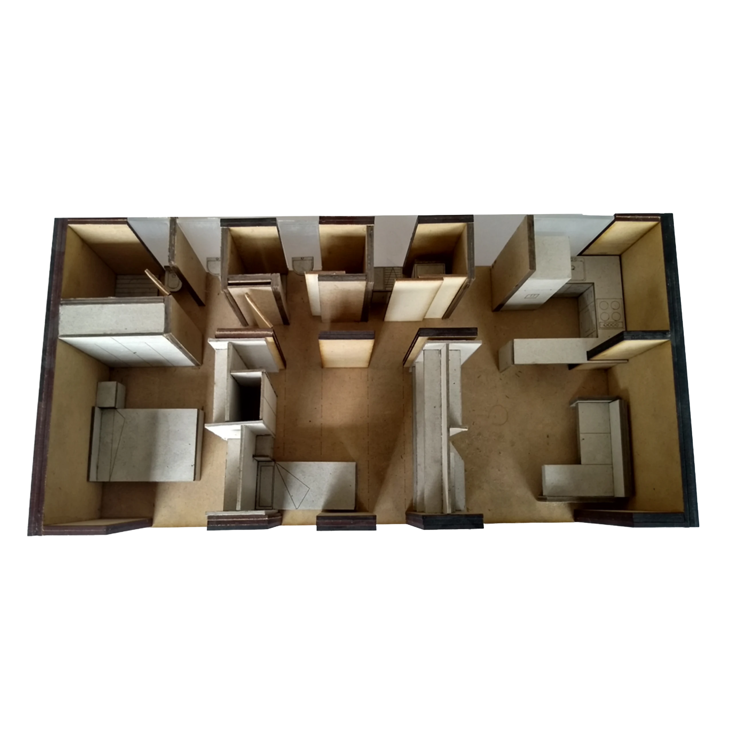 Configuration 1: a first way of inhabiting the unit, with bedrooms lined up against the service band.