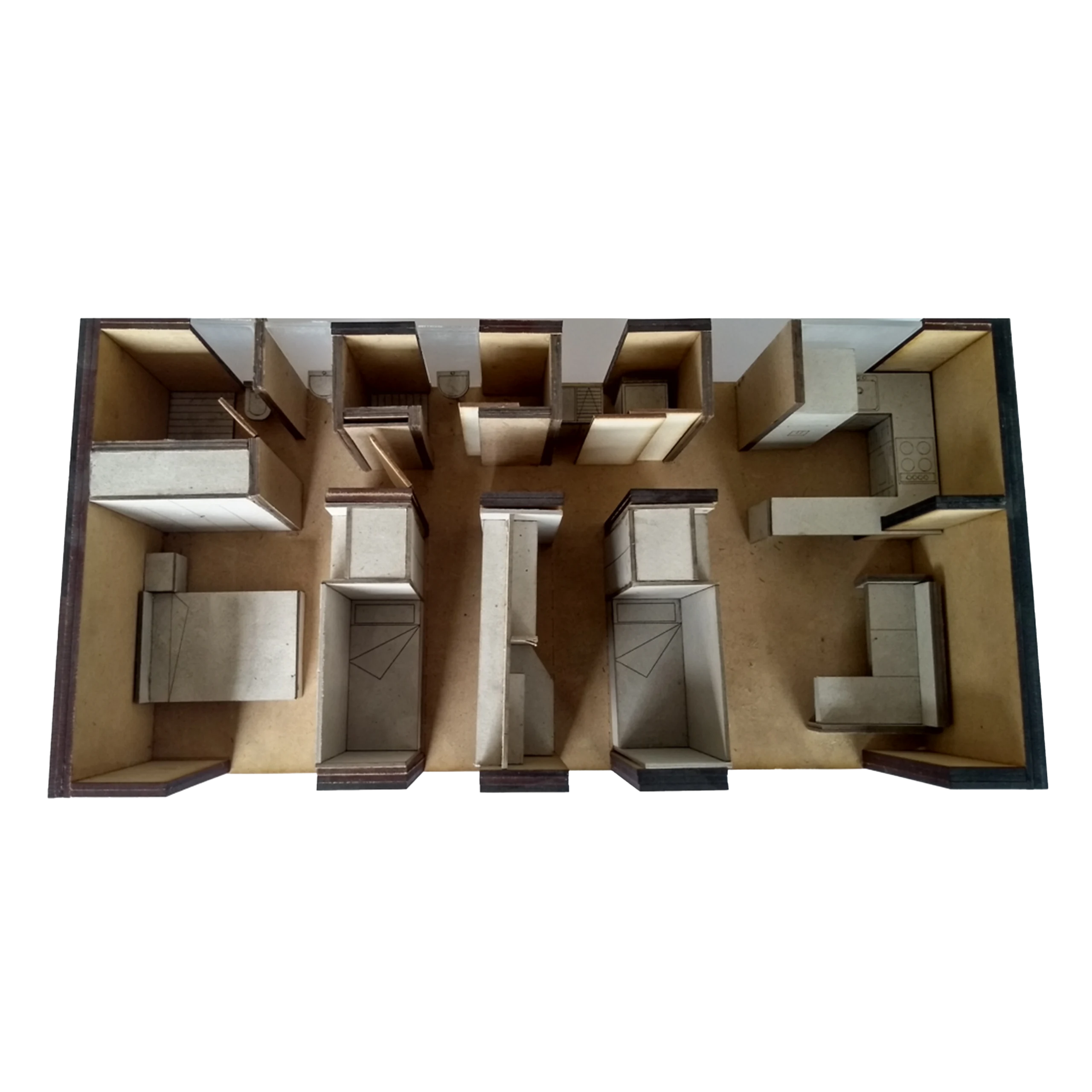 Configuration 3: a three-bedroom variant with a compact living area next to the kitchen.