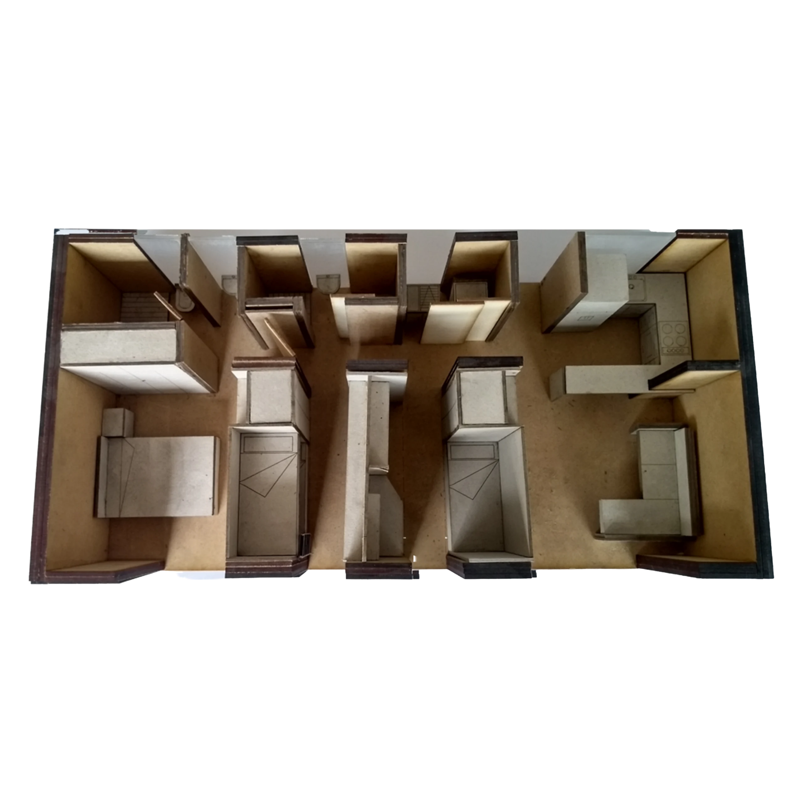 Configuration 4: the furniture rotates and the center of the plan opens up as shared space.