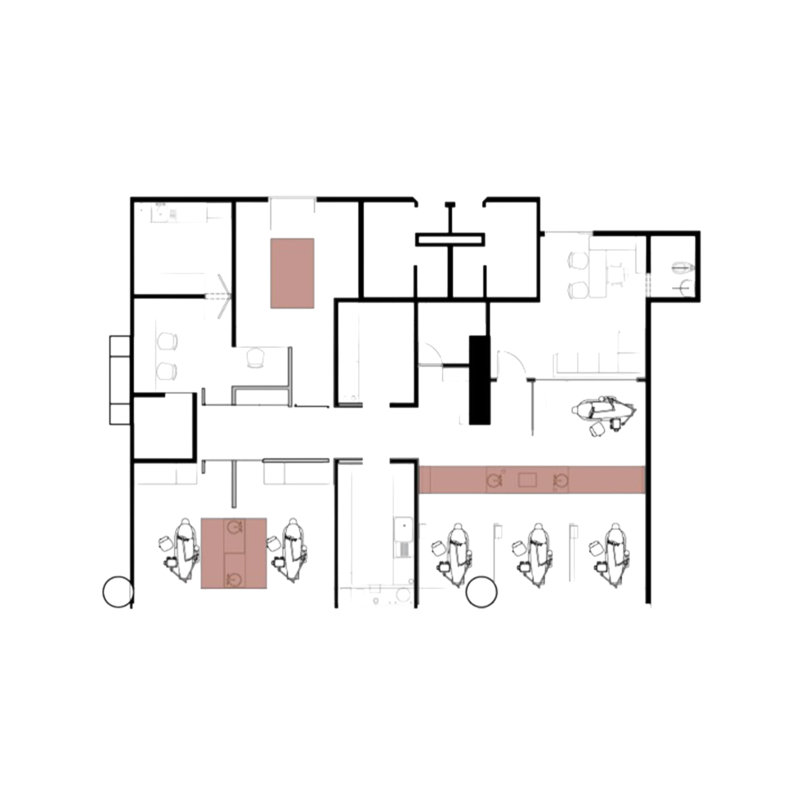 Lighting elements: the plan highlights the pieces that carry built-in light, from the ceiling box of the central area to the washing island, so brightness accompanies every step of the clinical route.