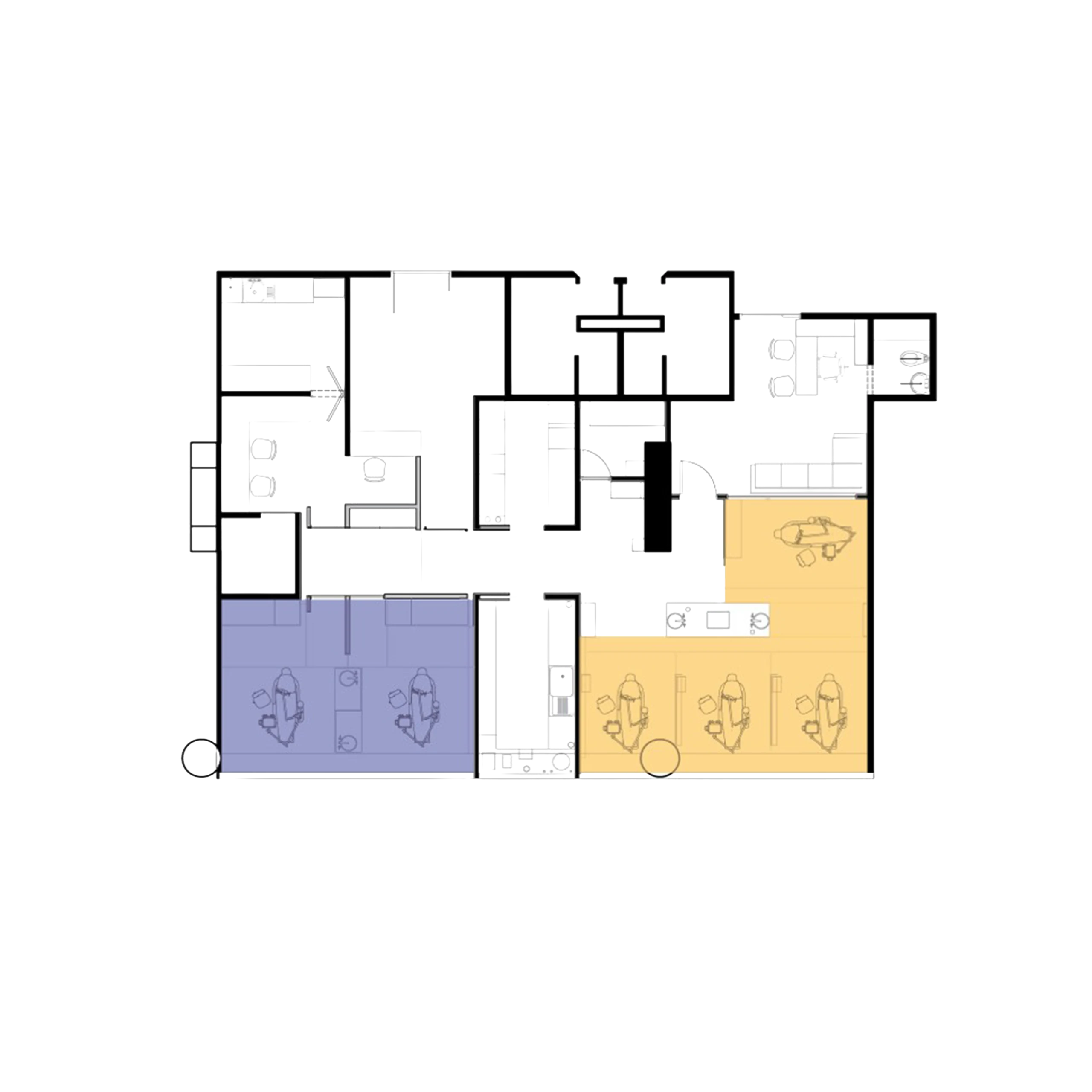Open versus closed operatories: the plan contrasts the two treatment typologies, the shared open zone and the enclosed rooms reserved for private procedures.
